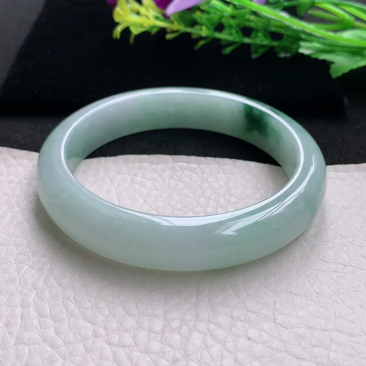 ll大圈口60*12.8*8平安镯 天然缅甸翡翠a 货冰飘花清新宽边玉镯子 玉手环