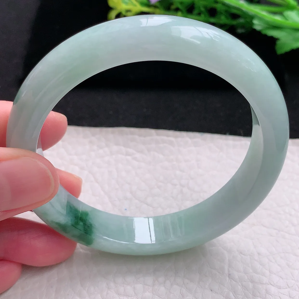 ll大圈口60*12.8*8平安镯 天然缅甸翡翠a 货冰飘花清新宽边玉镯子 玉手环
