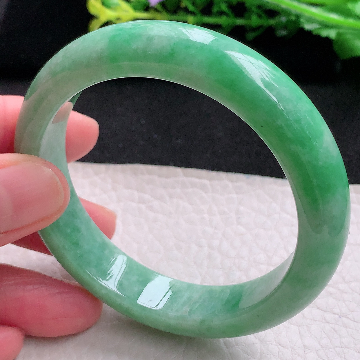 xh自然光55*12.8*8.5平安镯 天然缅甸翡翠满绿宽边玉镯子 玉手环