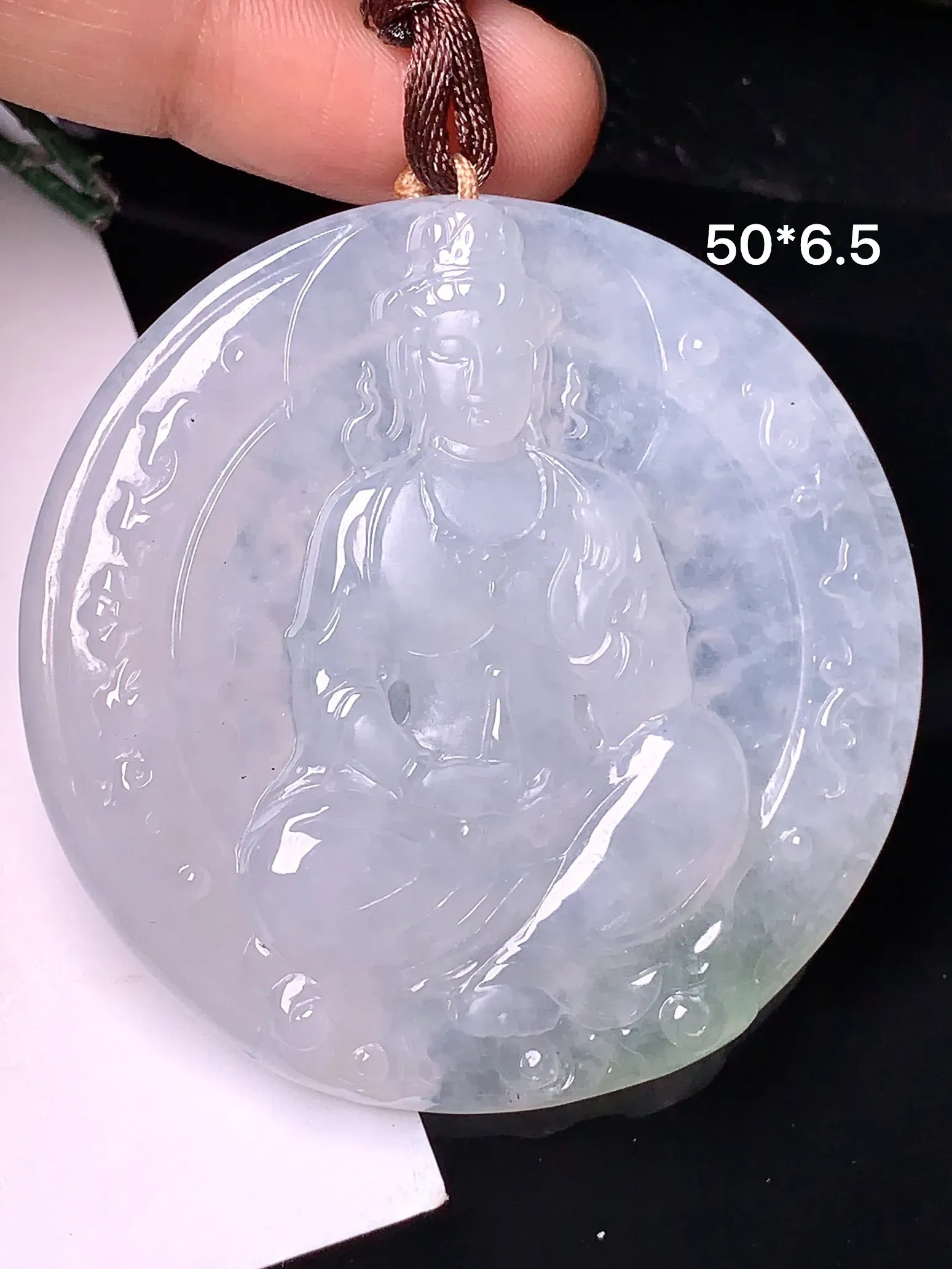 冰种观音菩萨吊坠 玉质细腻 色泽清新艳丽 整体尺寸50*6.5