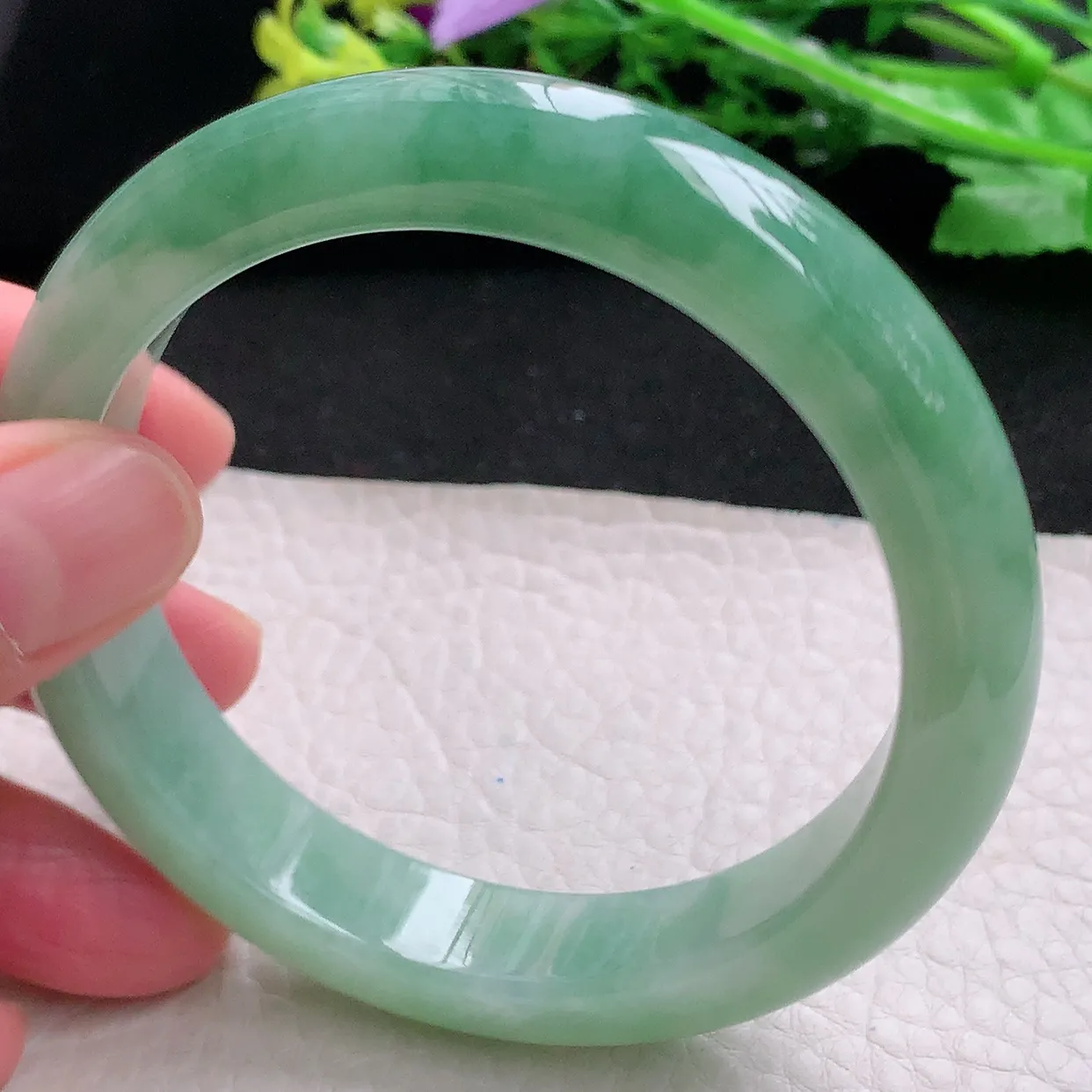 yh丈圈口60*12.7*8.8平安镯 天然缅甸翡翠冰胶半山水宽边玉镯子