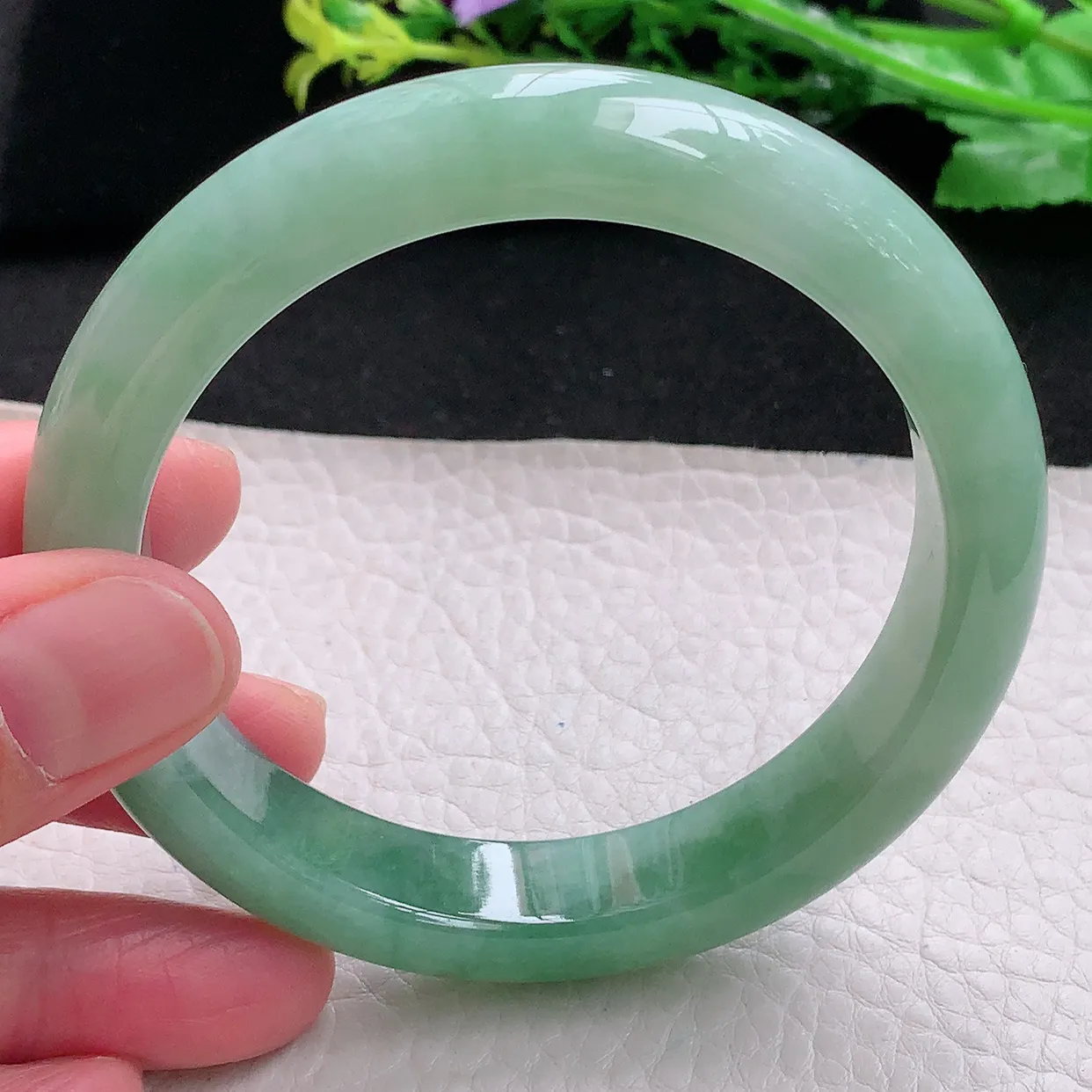 yh丈圈口60*12.7*8.8平安镯 天然缅甸翡翠冰胶半山水宽边玉镯子