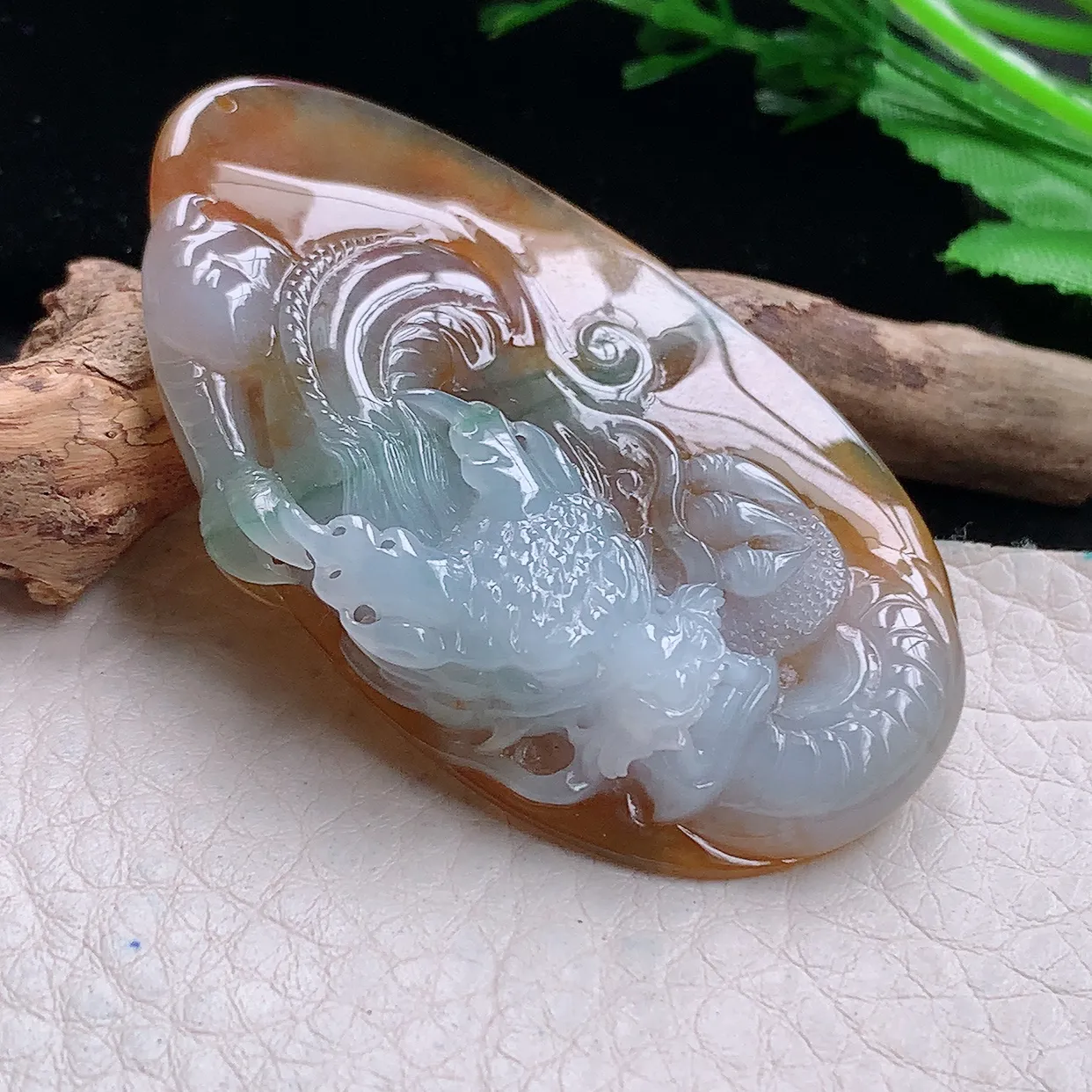 lz自然光57.5*34*9.2天然缅甸翡翠冰双彩龙牌 生意兴隆玉吊坠 玉挂件