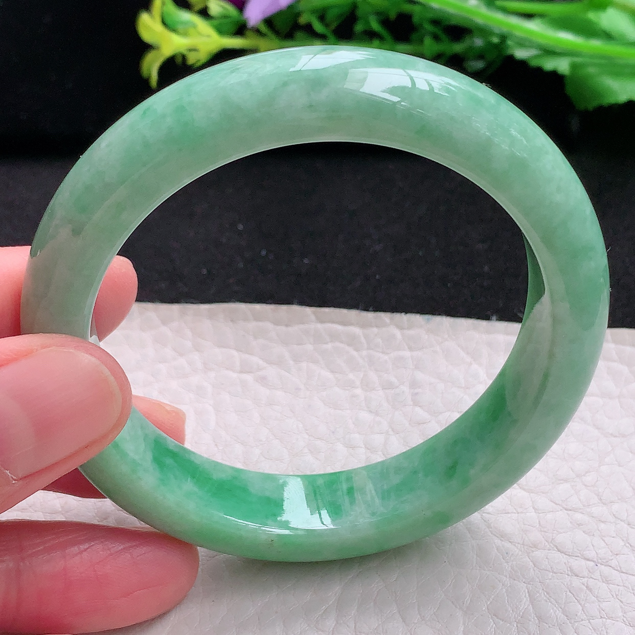 xh自然光55*12.8*8.5平安镯 天然缅甸翡翠满绿宽边玉镯子 玉手环