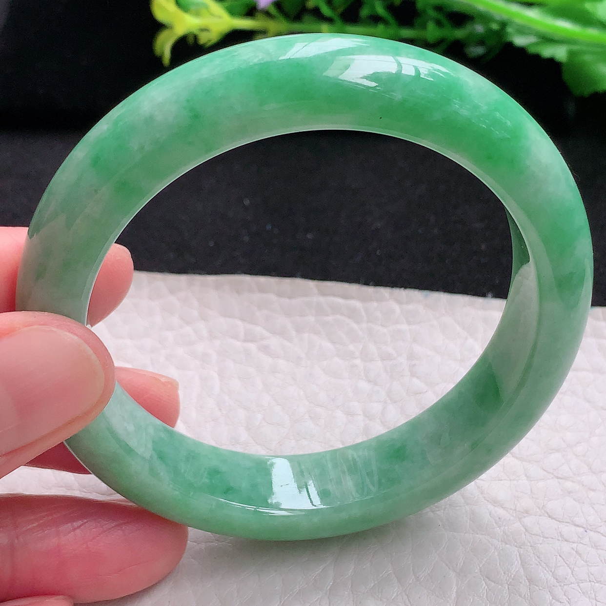 xh自然光55*12.8*8.5平安镯 天然缅甸翡翠满绿宽边玉镯子 玉手环