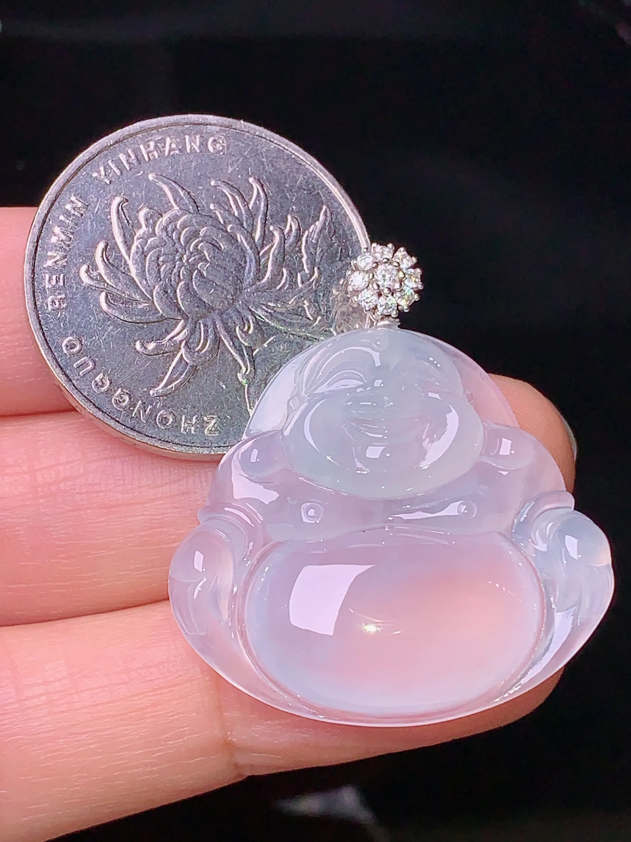 18k金钻镶嵌冰种佛公吊坠 玉质细腻 色泽清新艳丽 整体尺寸33*29.3*6