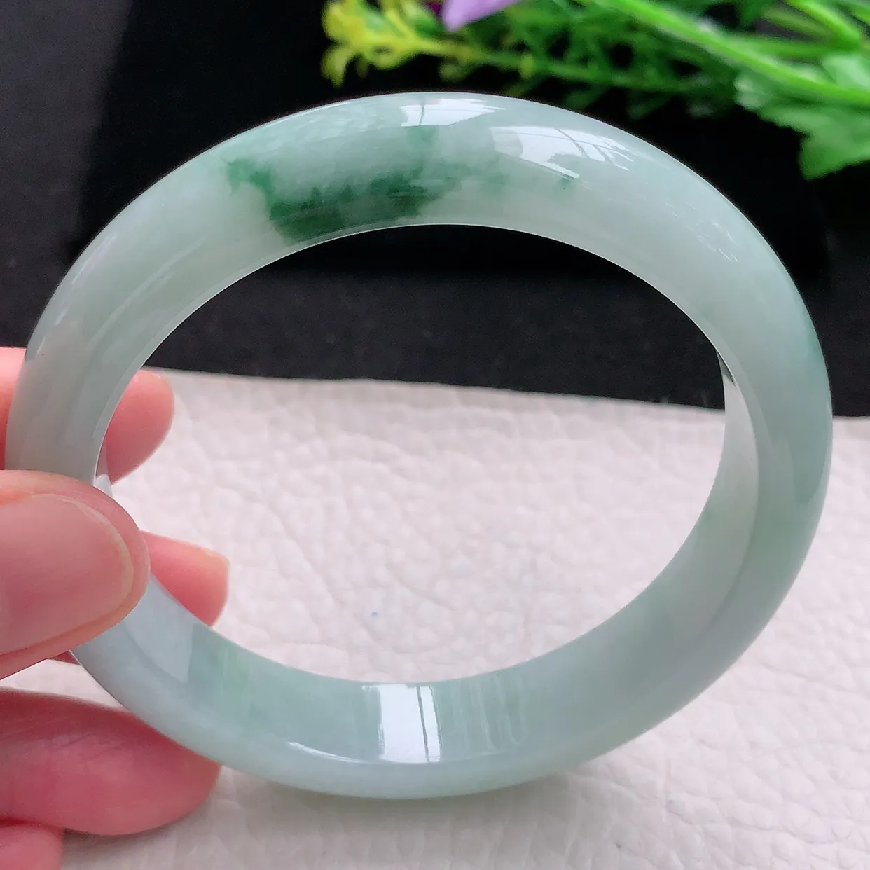 ll大圈口60*12.8*8平安镯 天然缅甸翡翠a 货冰飘花清新宽边玉镯子 玉手环