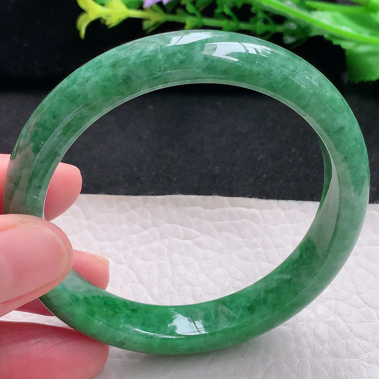 N自然光57*11.8*7.8平安镯 天然缅甸翡翠a 货满绿宽边玉镯子 玉手环