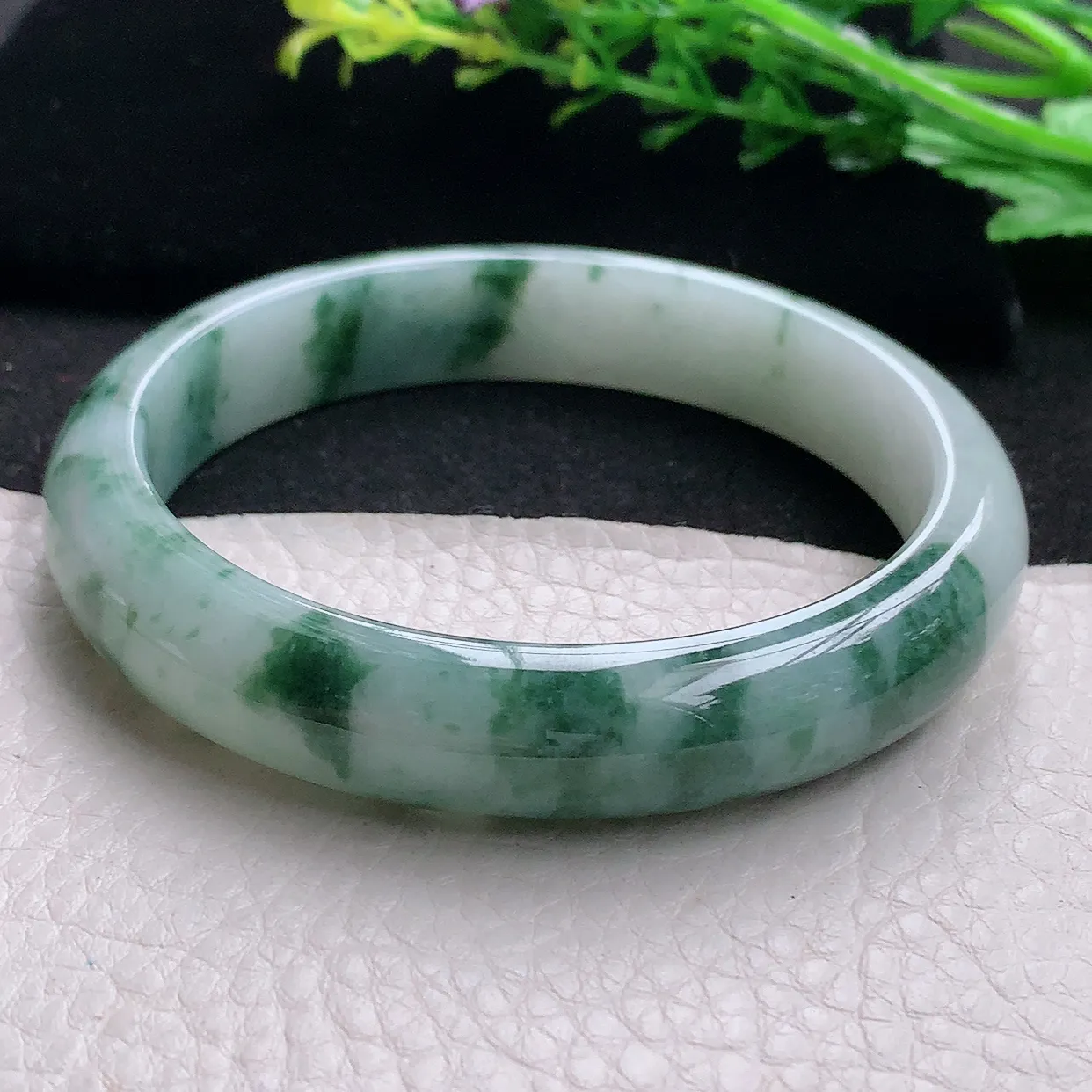 ll大圈口63*12.8*8平安镯 天然缅甸翡翠a 货冰飘花宽边玉镯子 玉手环