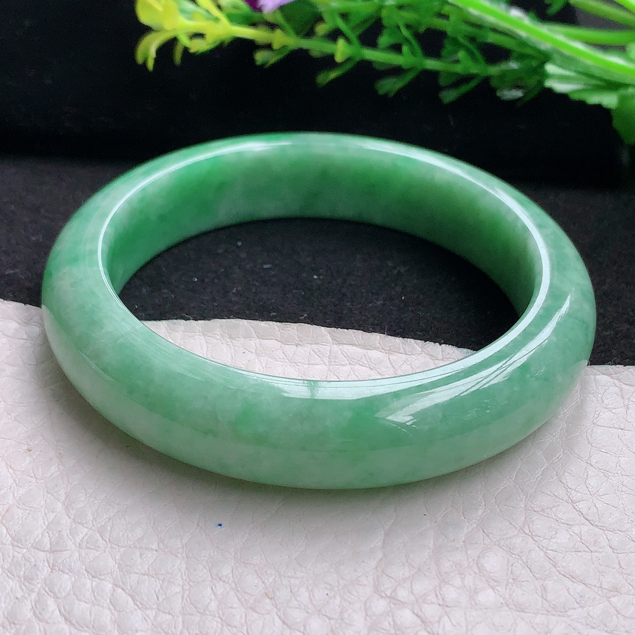 xh自然光55*12.8*8.5平安镯 天然缅甸翡翠满绿宽边玉镯子 玉手环