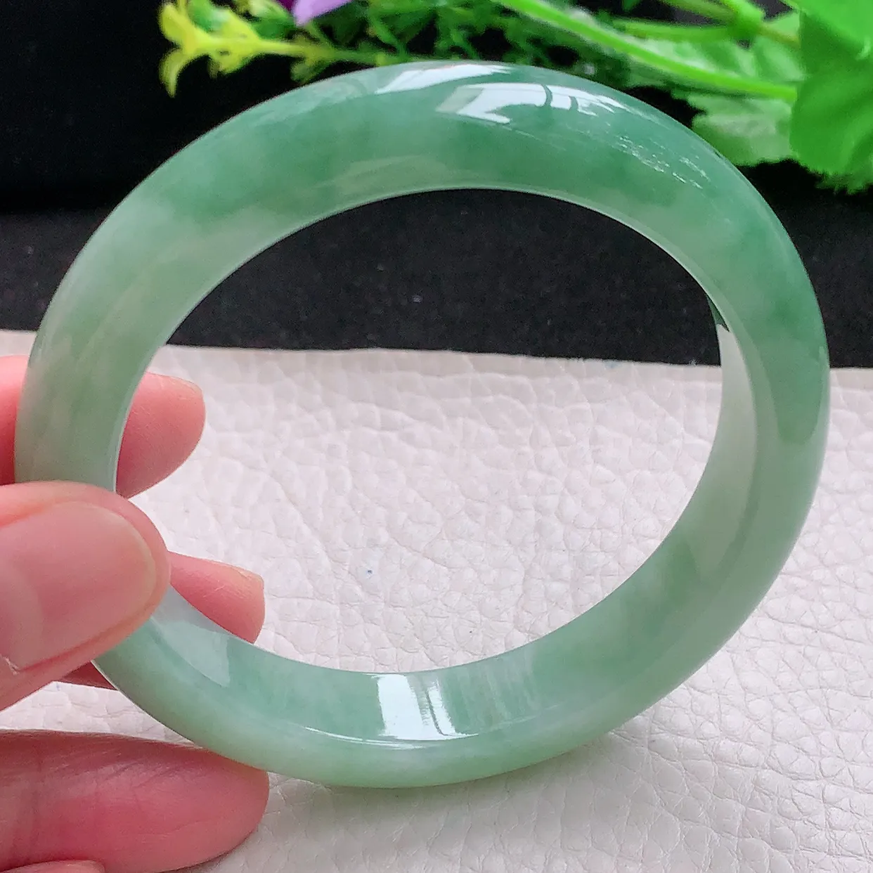 yh丈圈口60*12.7*8.8平安镯 天然缅甸翡翠冰胶半山水宽边玉镯子