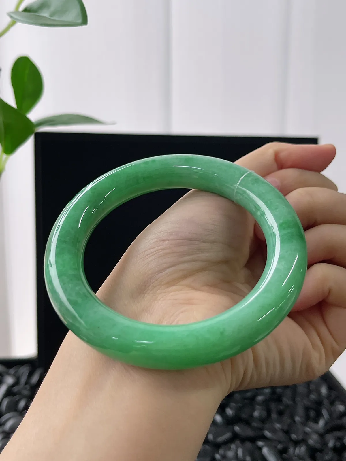 圆镯60圈口，翡翠糯化种绿色手镯