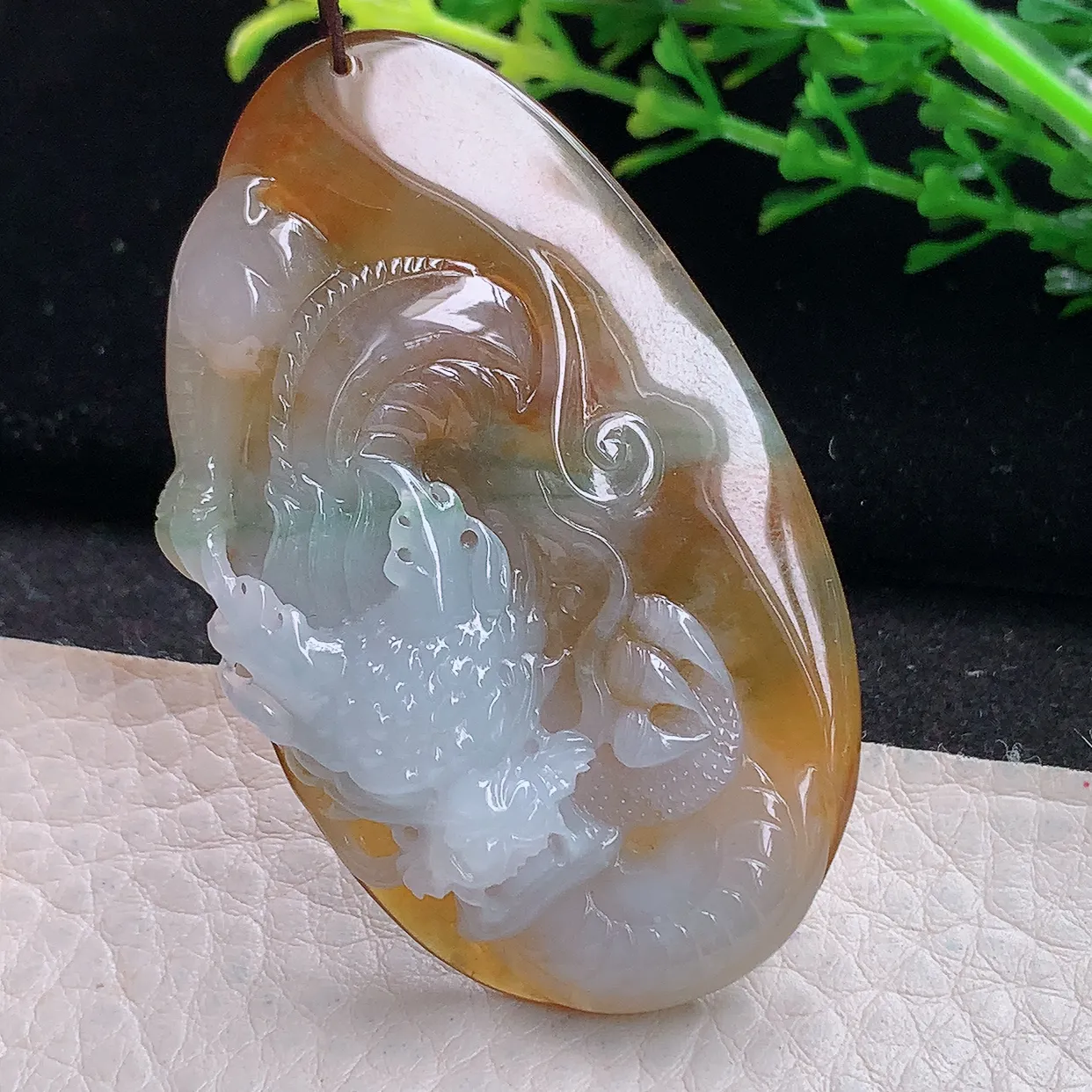 lz自然光57.5*34*9.2天然缅甸翡翠冰双彩龙牌 生意兴隆玉吊坠 玉挂件