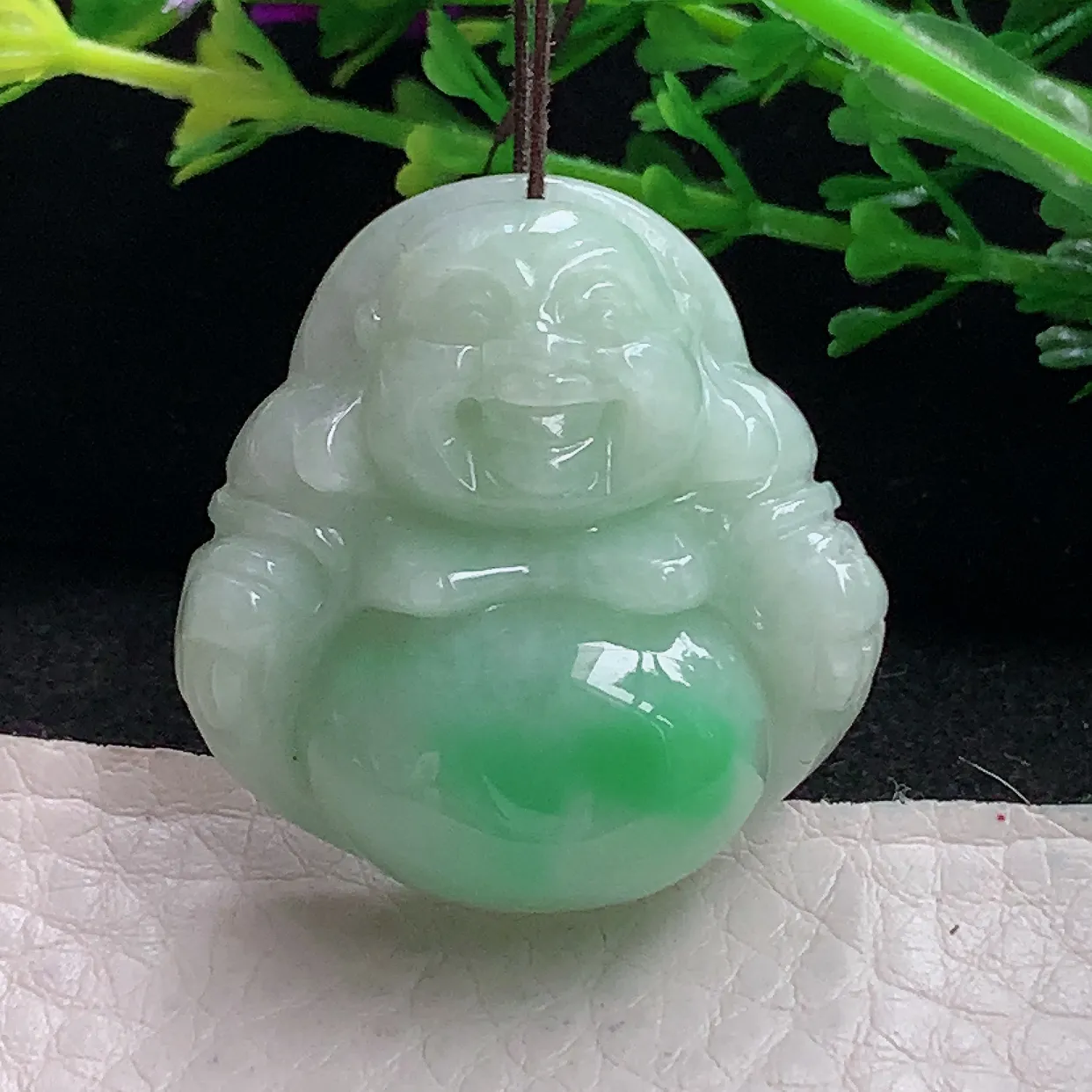 zen自然光30.2*29.5*11.2天然缅甸翡翠飘绿佛公 弥勒佛玉吊坠 毛衣坠