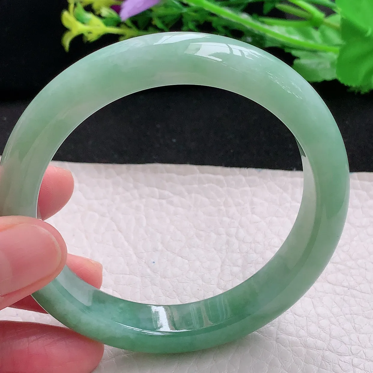 yh丈圈口60*12.7*8.8平安镯 天然缅甸翡翠冰胶半山水宽边玉镯子