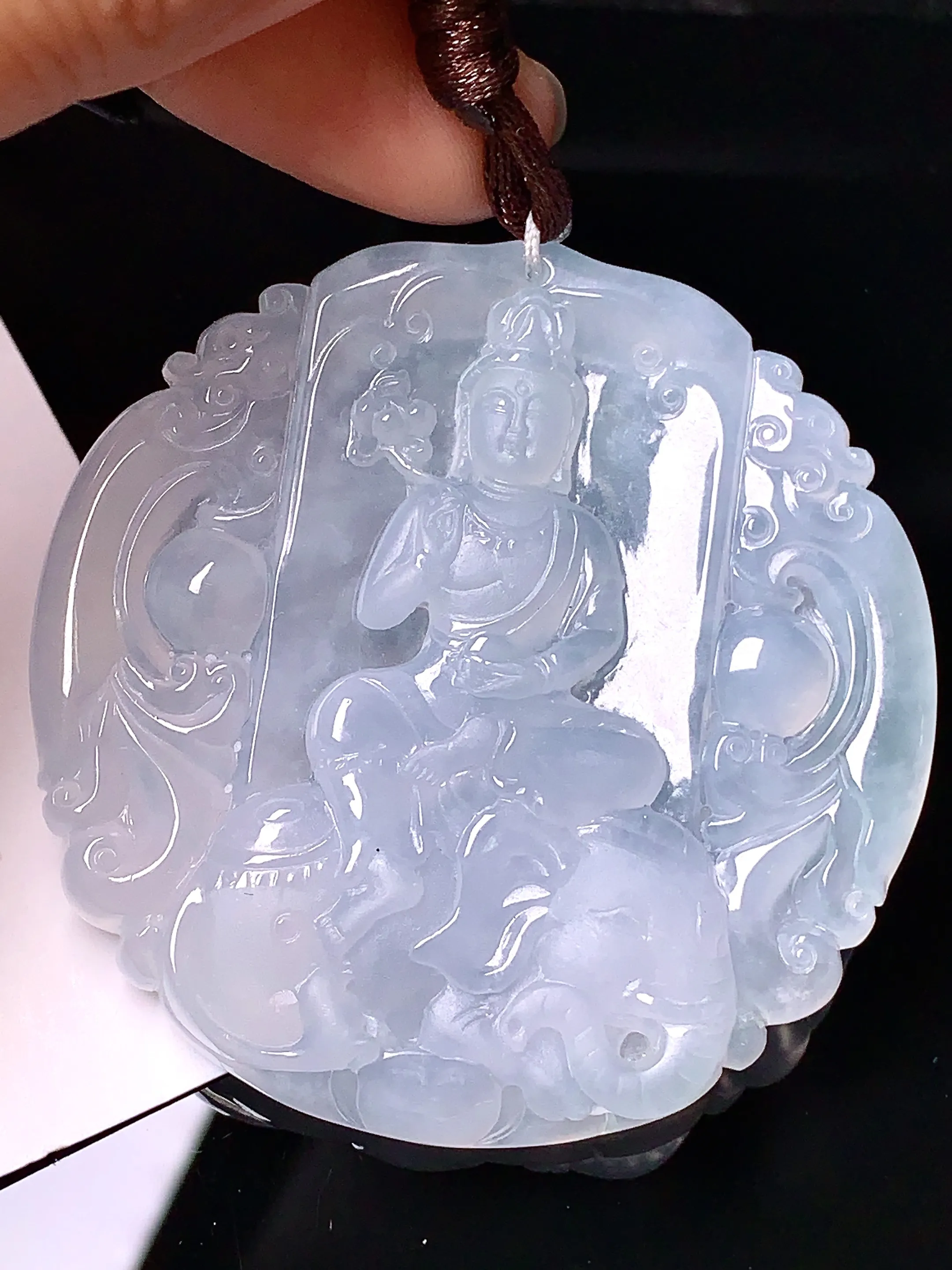 冰种普贤观音菩萨吊坠 玉质细腻 色泽清新艳丽 整体尺寸53*52*6