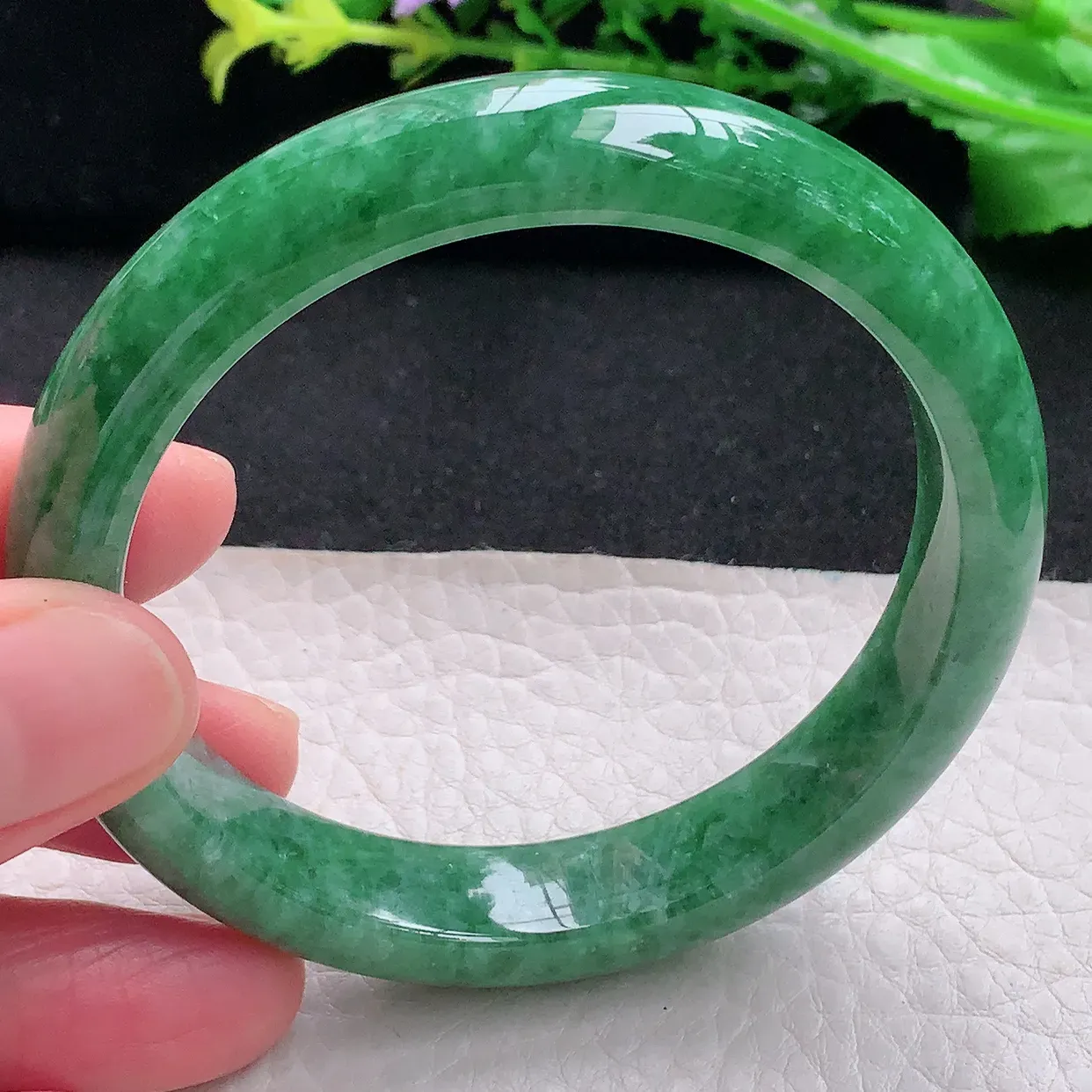 N自然光57*11.8*7.8平安镯 天然缅甸翡翠a 货满绿宽边玉镯子 玉手环