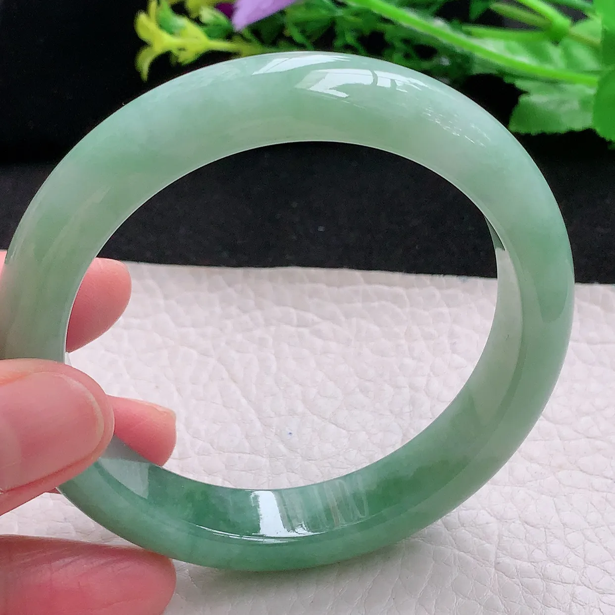 yh丈圈口60*12.7*8.8平安镯 天然缅甸翡翠冰胶半山水宽边玉镯子