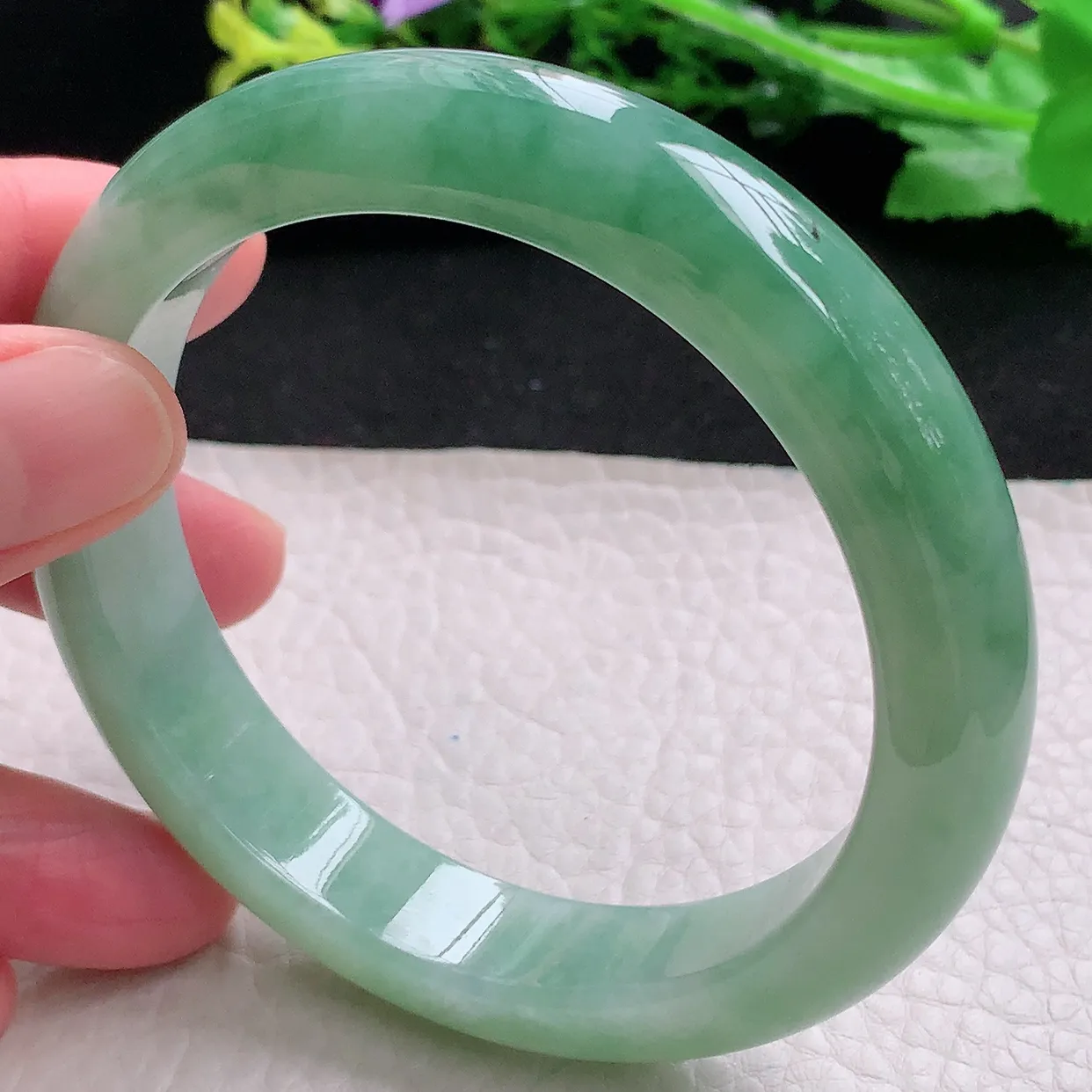 yh丈圈口60*12.7*8.8平安镯 天然缅甸翡翠冰胶半山水宽边玉镯子