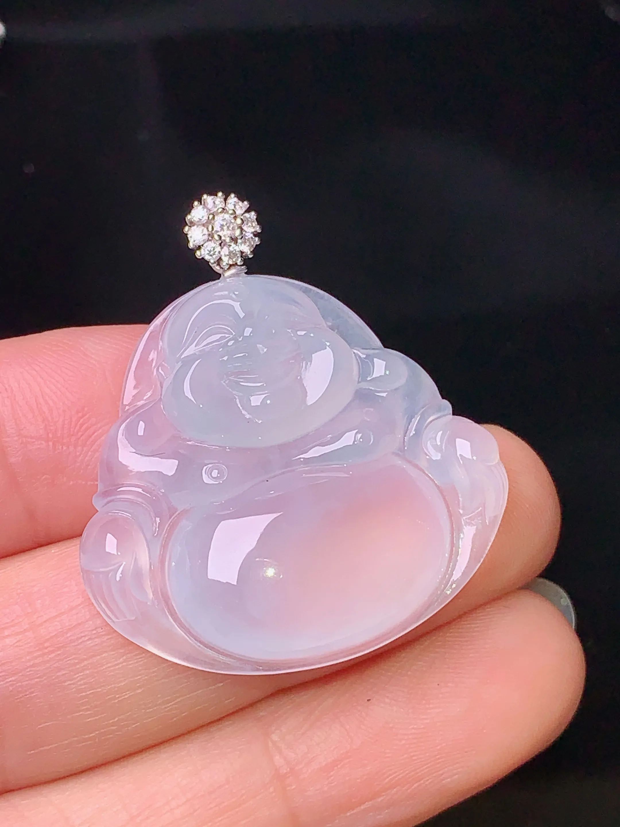 18k金钻镶嵌冰种佛公吊坠 玉质细腻 色泽清新艳丽 整体尺寸33*29.3*6