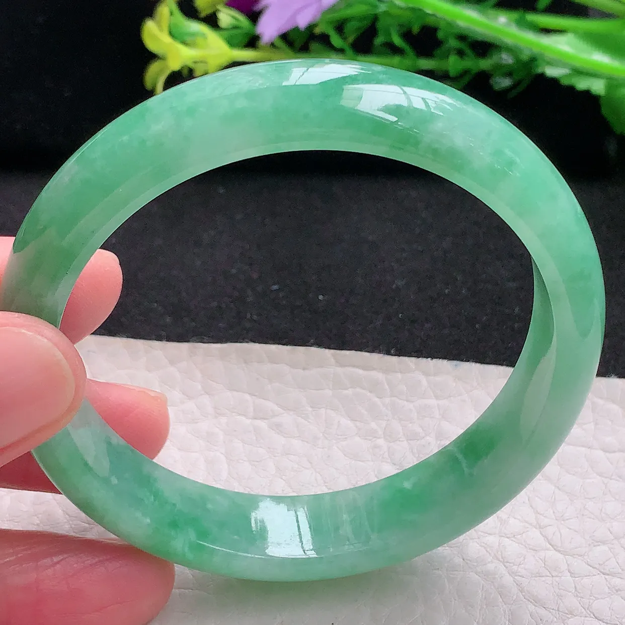 xh自然光57.5*12.8*7平安镯 天然缅甸翡翠冰胶满绿宽边玉镯子