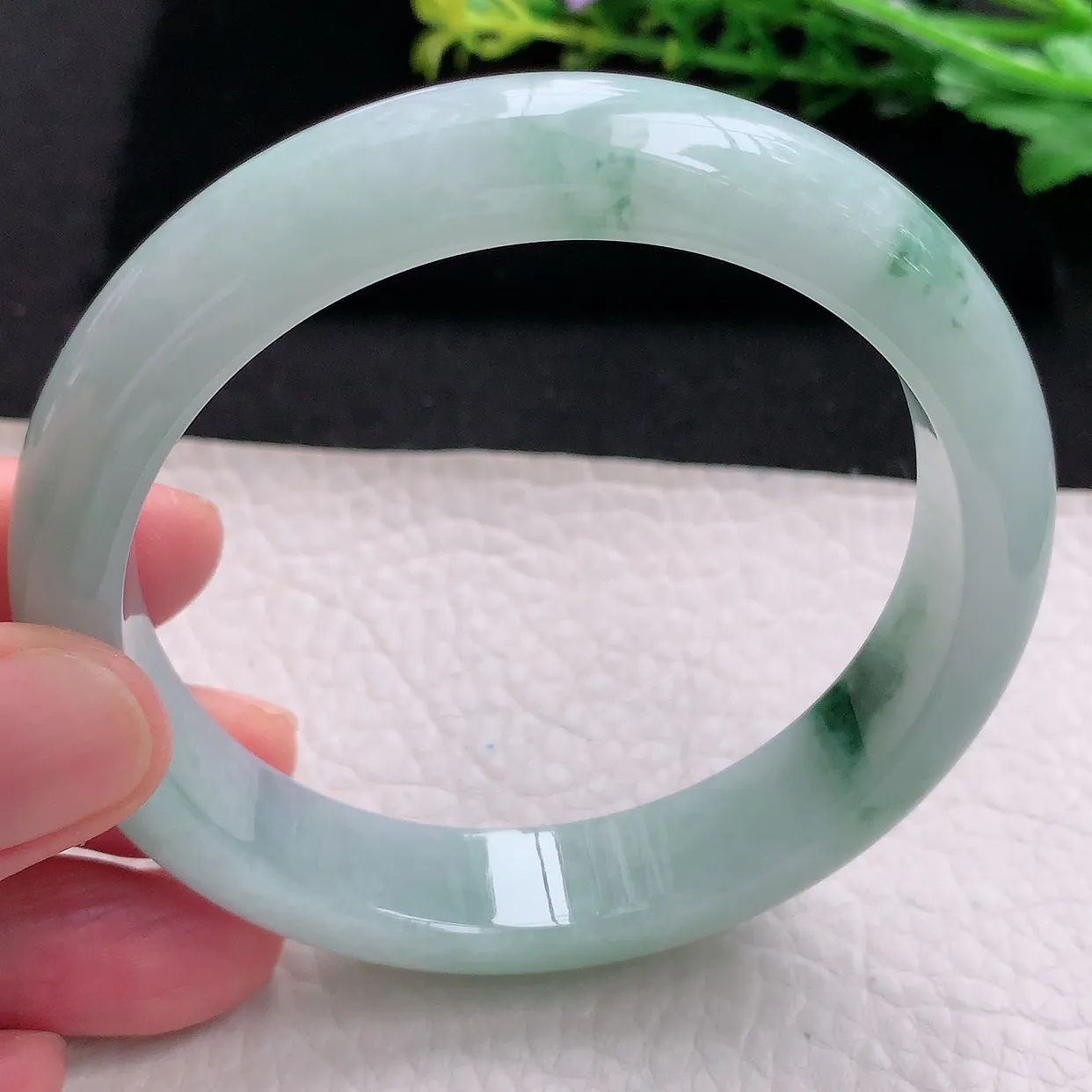 ll大圈口60*12.8*8平安镯 天然缅甸翡翠a 货冰飘花清新宽边玉镯子 玉手环