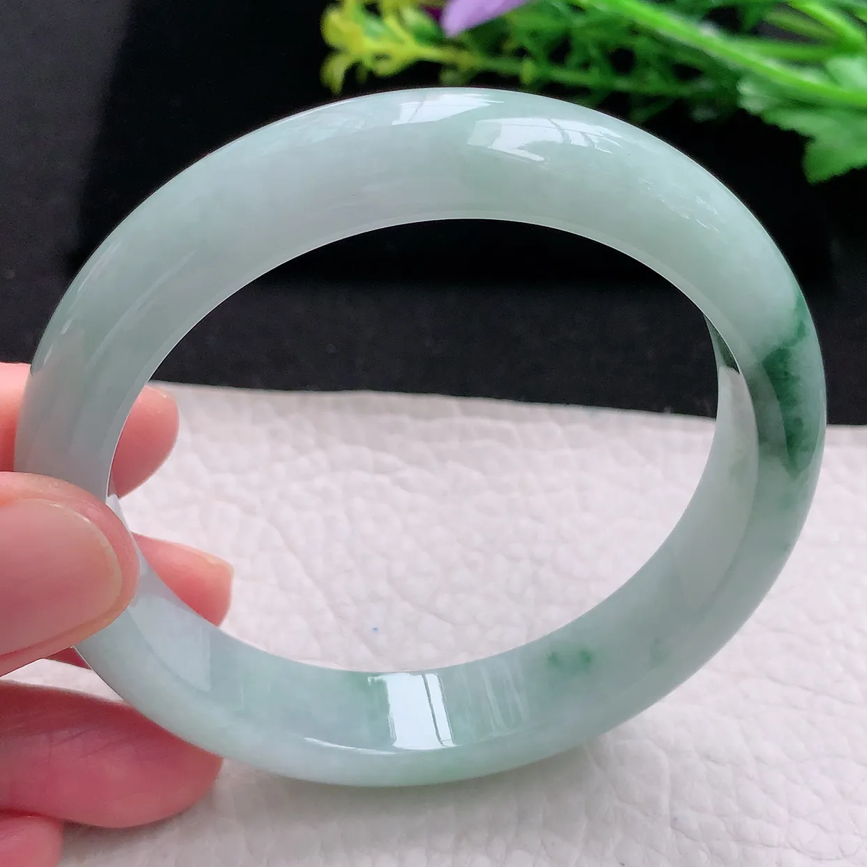 ll大圈口60*12.8*8平安镯 天然缅甸翡翠a 货冰飘花清新宽边玉镯子 玉手环