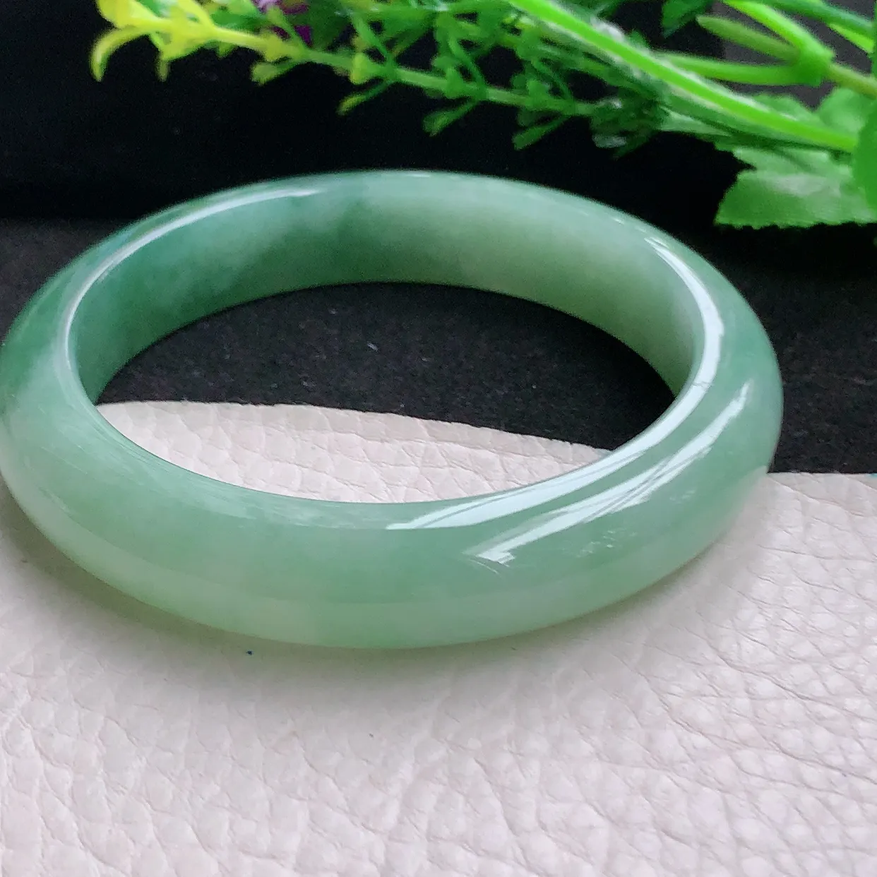 yh丈圈口60*12.7*8.8平安镯 天然缅甸翡翠冰胶半山水宽边玉镯子