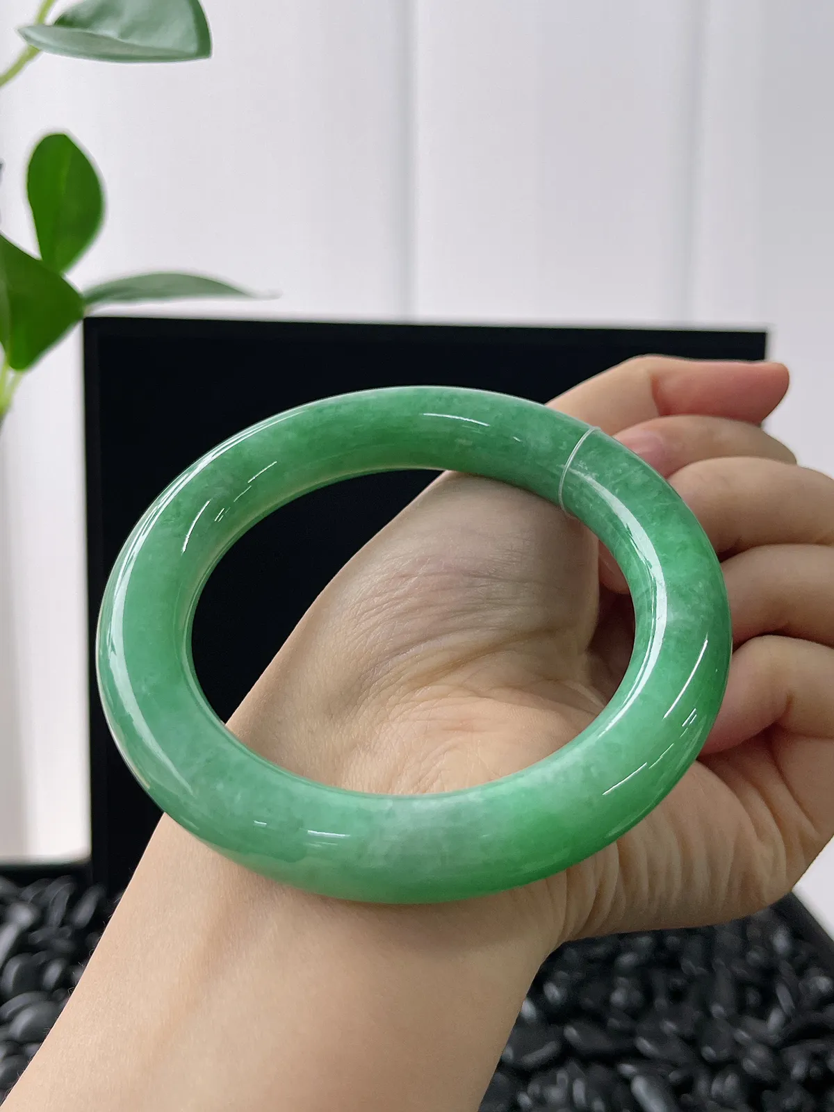 圆镯60圈口，翡翠糯化种绿色手镯