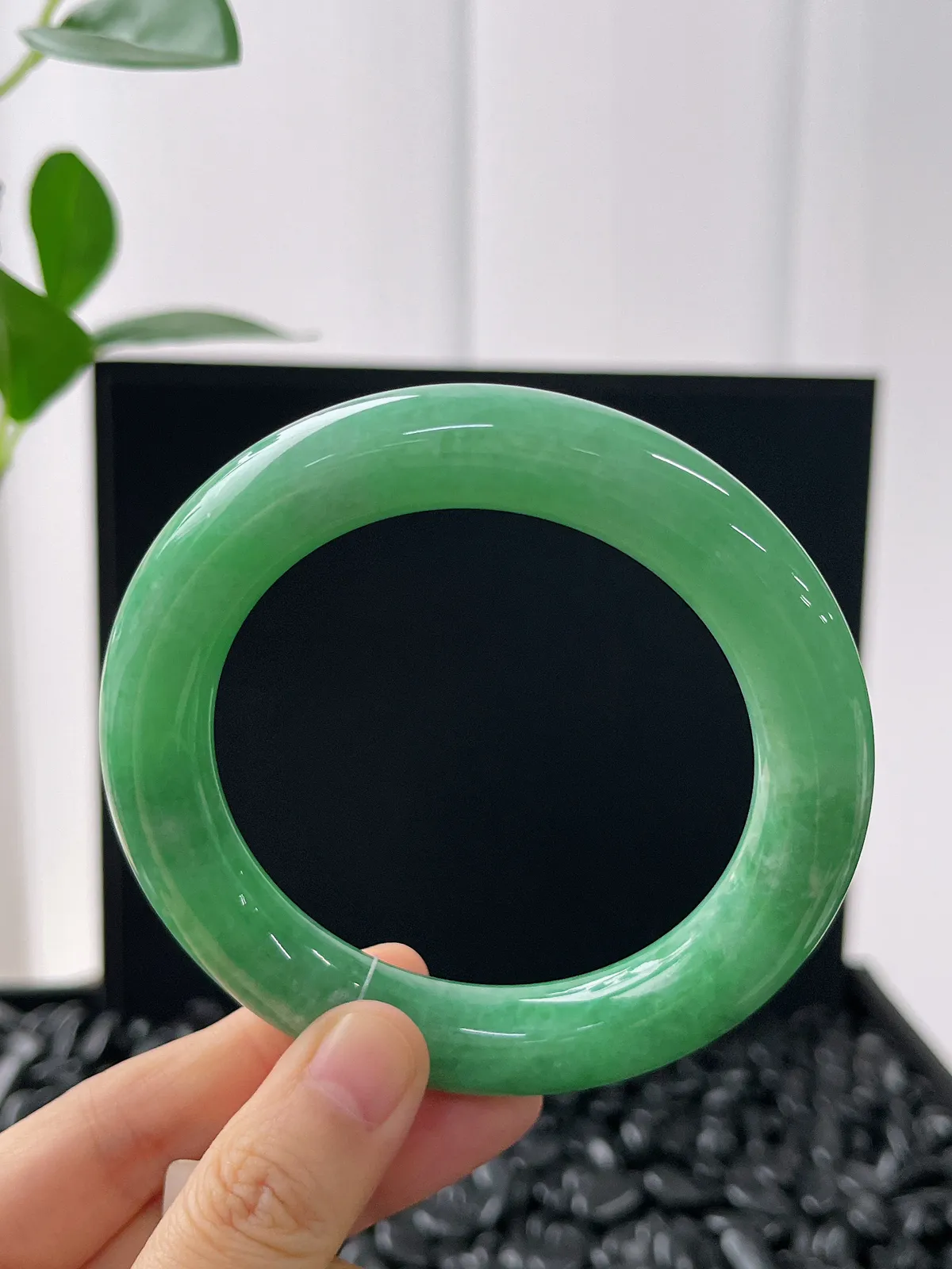 圆镯60圈口，翡翠糯化种绿色手镯