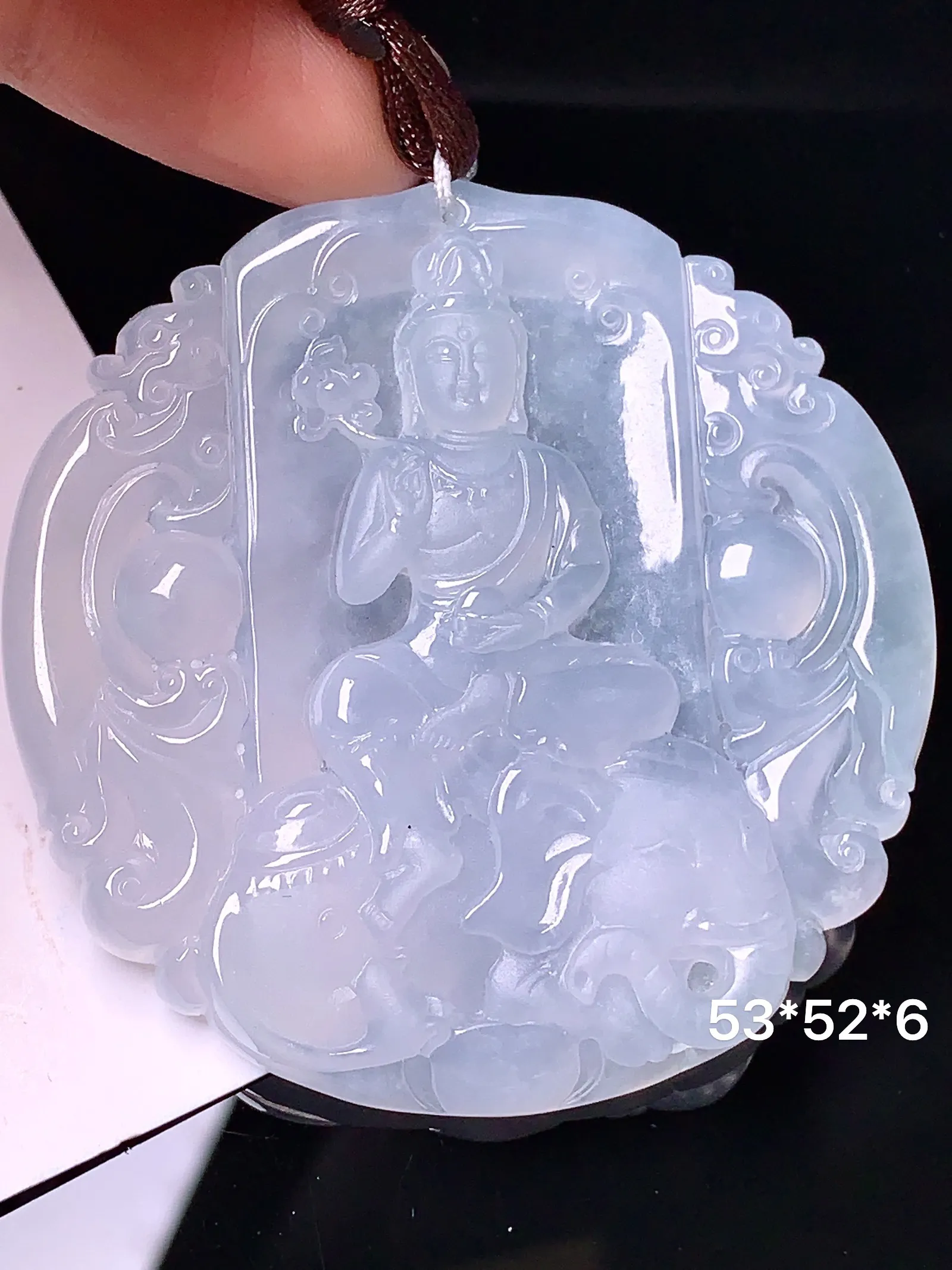 冰种普贤观音菩萨吊坠 玉质细腻 色泽清新艳丽 整体尺寸53*52*6