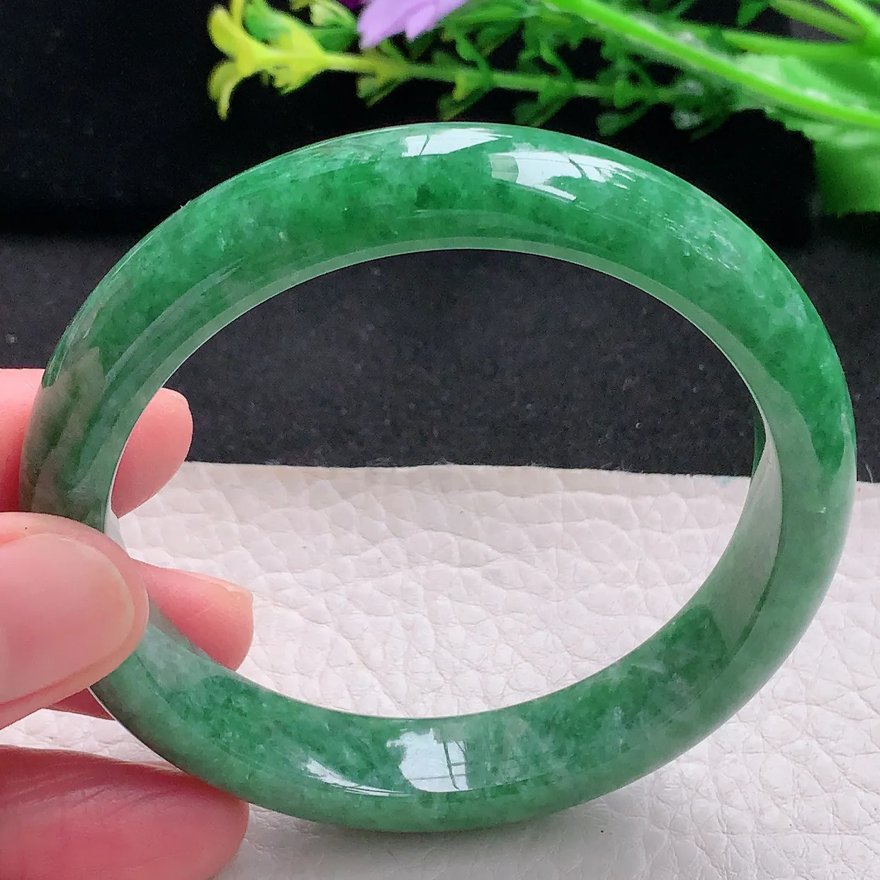 N自然光57*11.8*7.8平安镯 天然缅甸翡翠a 货满绿宽边玉镯子 玉手环