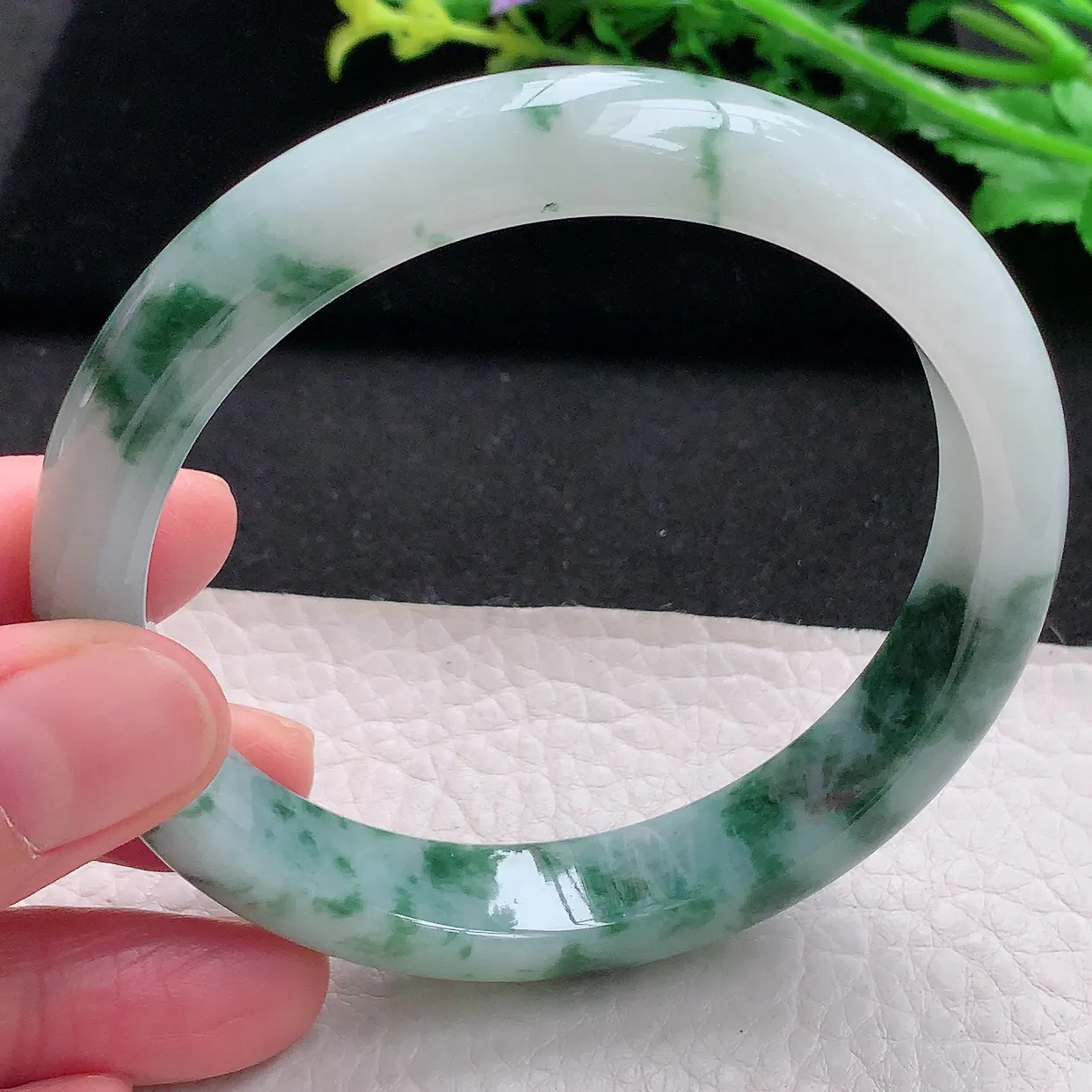 ll大圈口63*12.8*8平安镯 天然缅甸翡翠a 货冰飘花宽边玉镯子 玉手环
