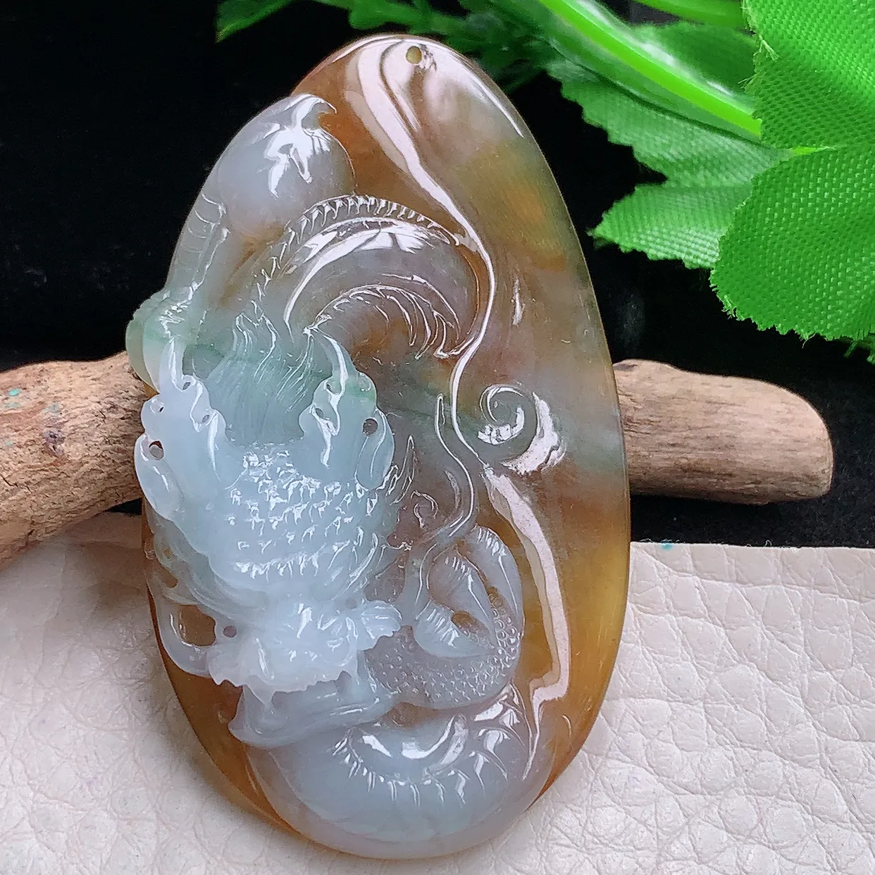 lz自然光57.5*34*9.2天然缅甸翡翠冰双彩龙牌 生意兴隆玉吊坠 玉挂件