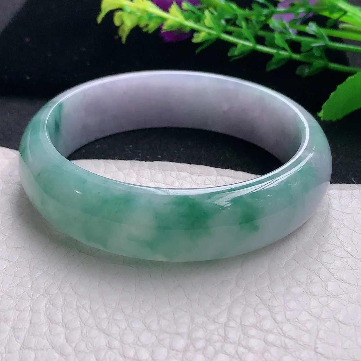 hh自然光58.5*16.5*7.6轮胎镯 特色天然缅甸翡翠a 货春带彩宽边玉镯子