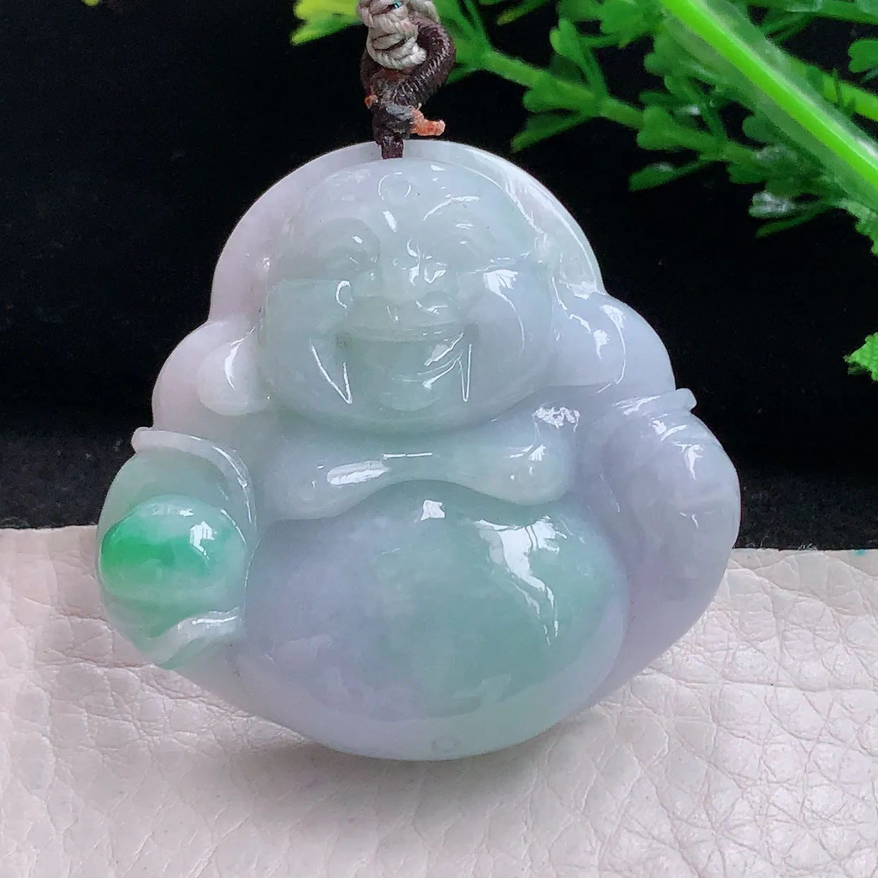 zen自然光42.8*44.6*11天然缅甸翡翠春带彩大佛公 弥勒佛玉吊坠 毛衣坠