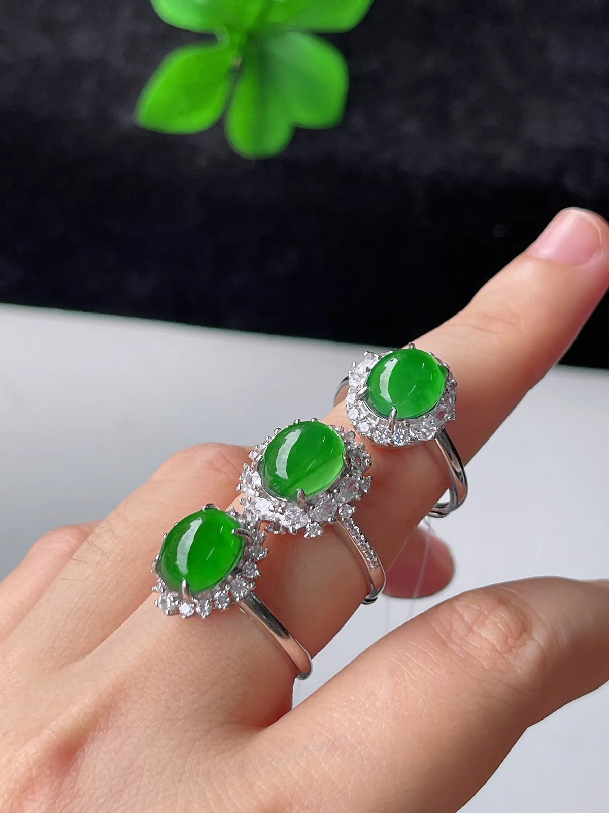 天然满绿翡翠蛋面戒指S925银（取一）