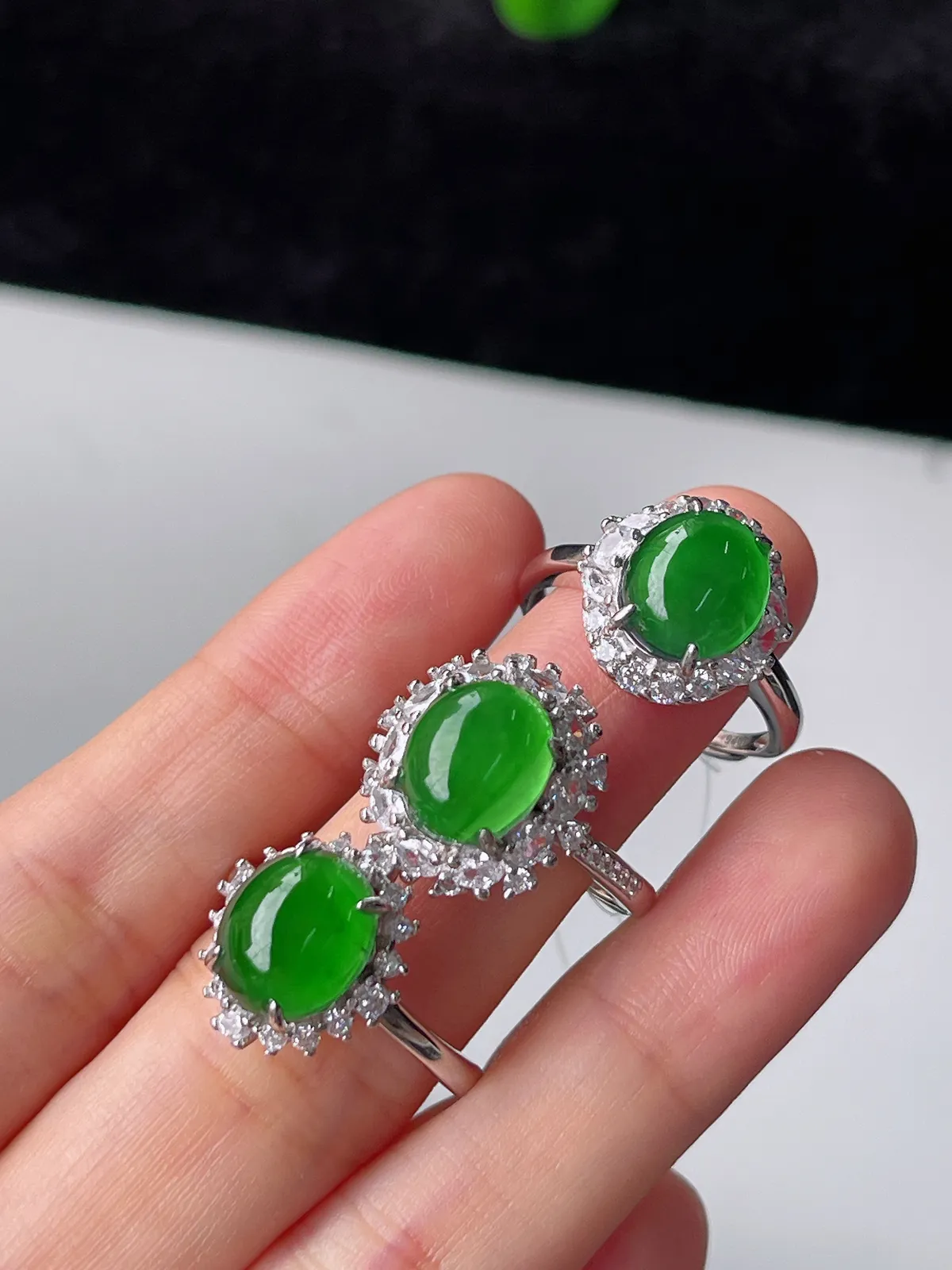 天然满绿翡翠蛋面戒指S925银（取一）