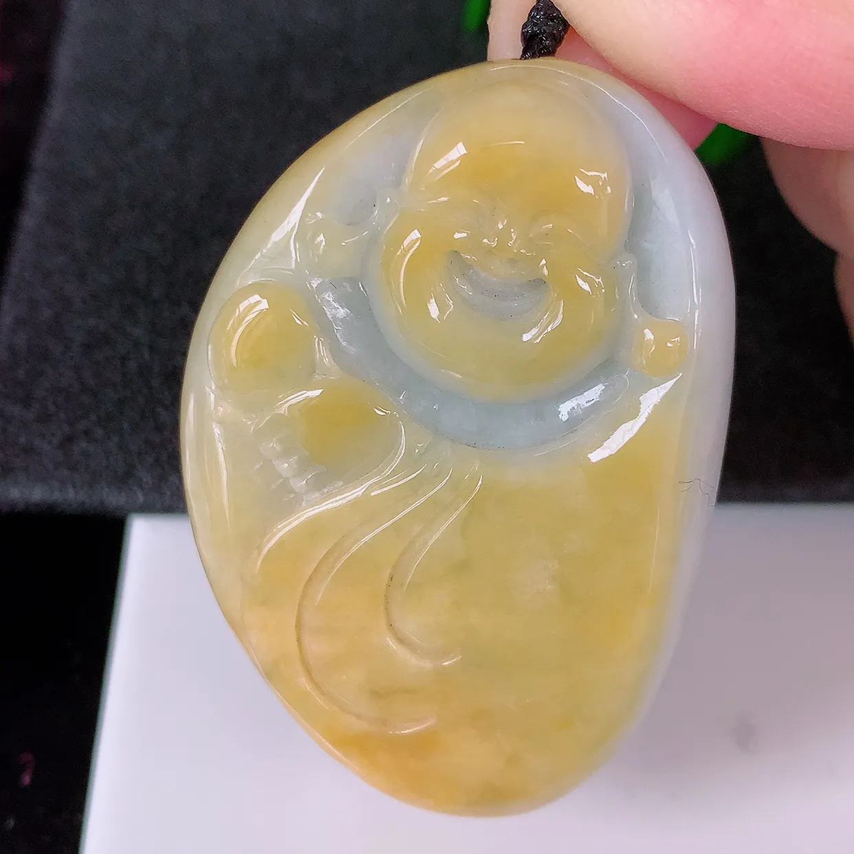 自然光实拍，冰润黄翡双彩翡翠逍遥布袋佛吊坠，代代有钱，水足丰盈，盈满欢喜，配戴送礼佳品！#41.2