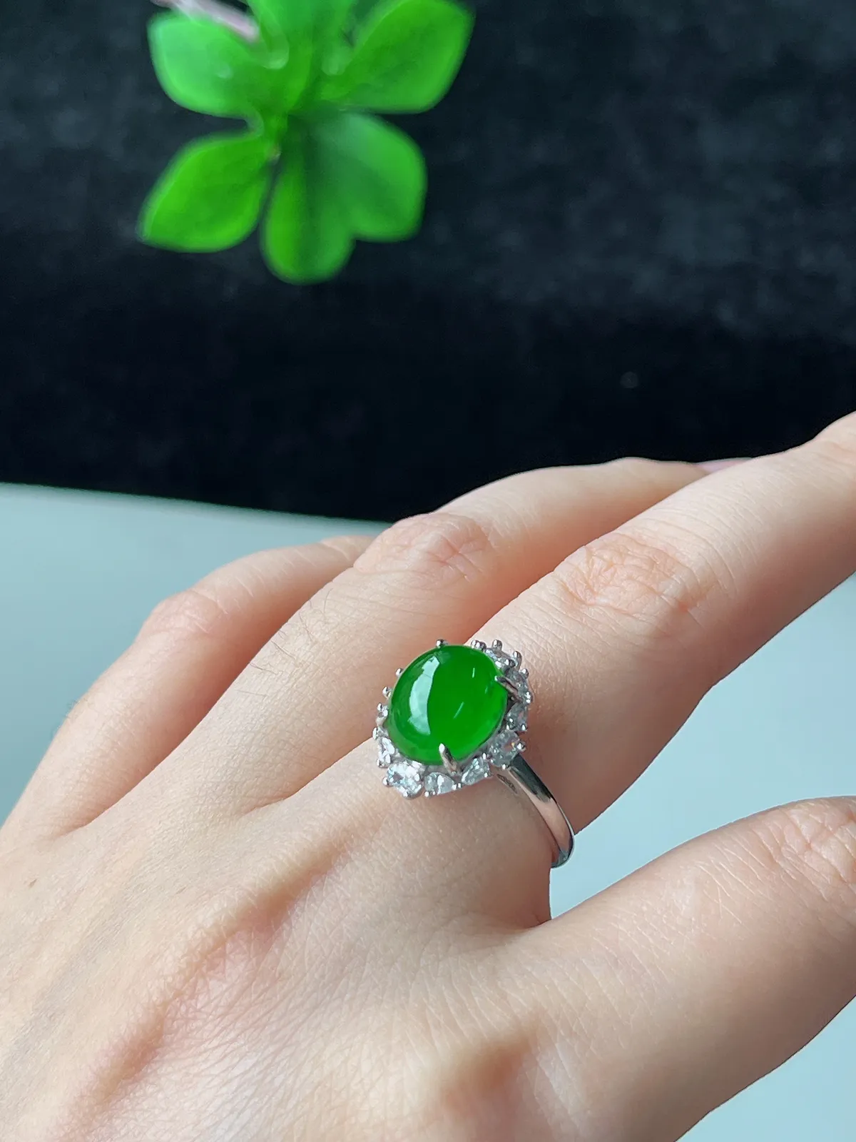 天然满绿翡翠蛋面精品戒指S925银