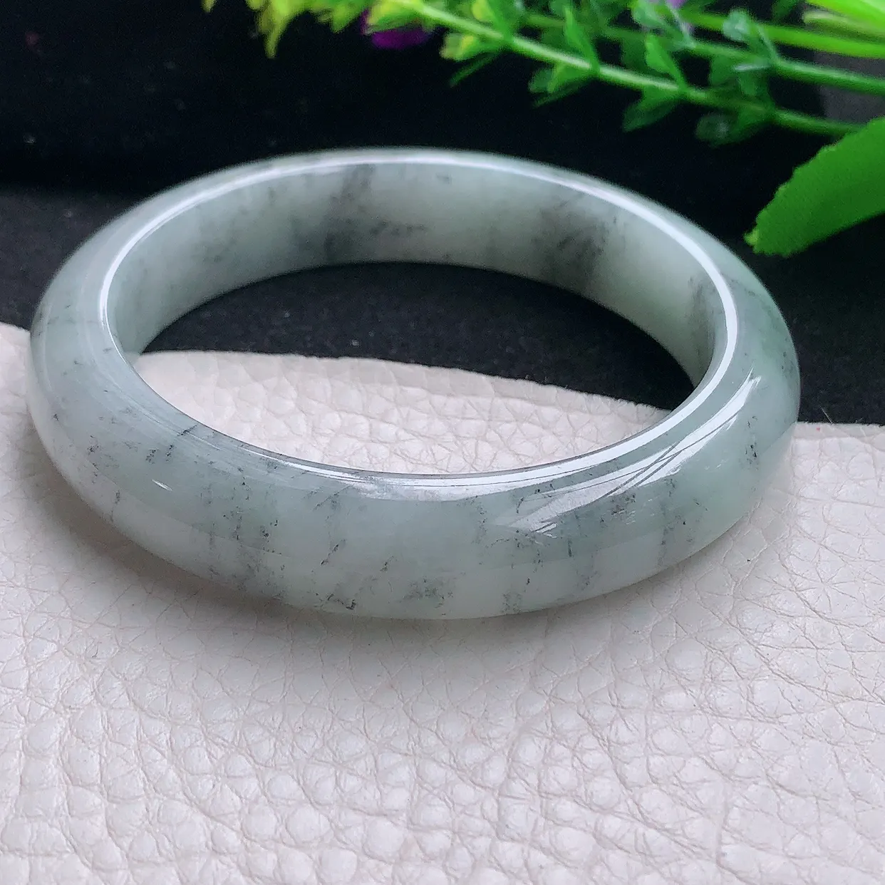 hh自然光57.5*12.5*8.5平安镯 天然缅甸翡翠a 货冰润灵动水墨画般宽边玉镯子