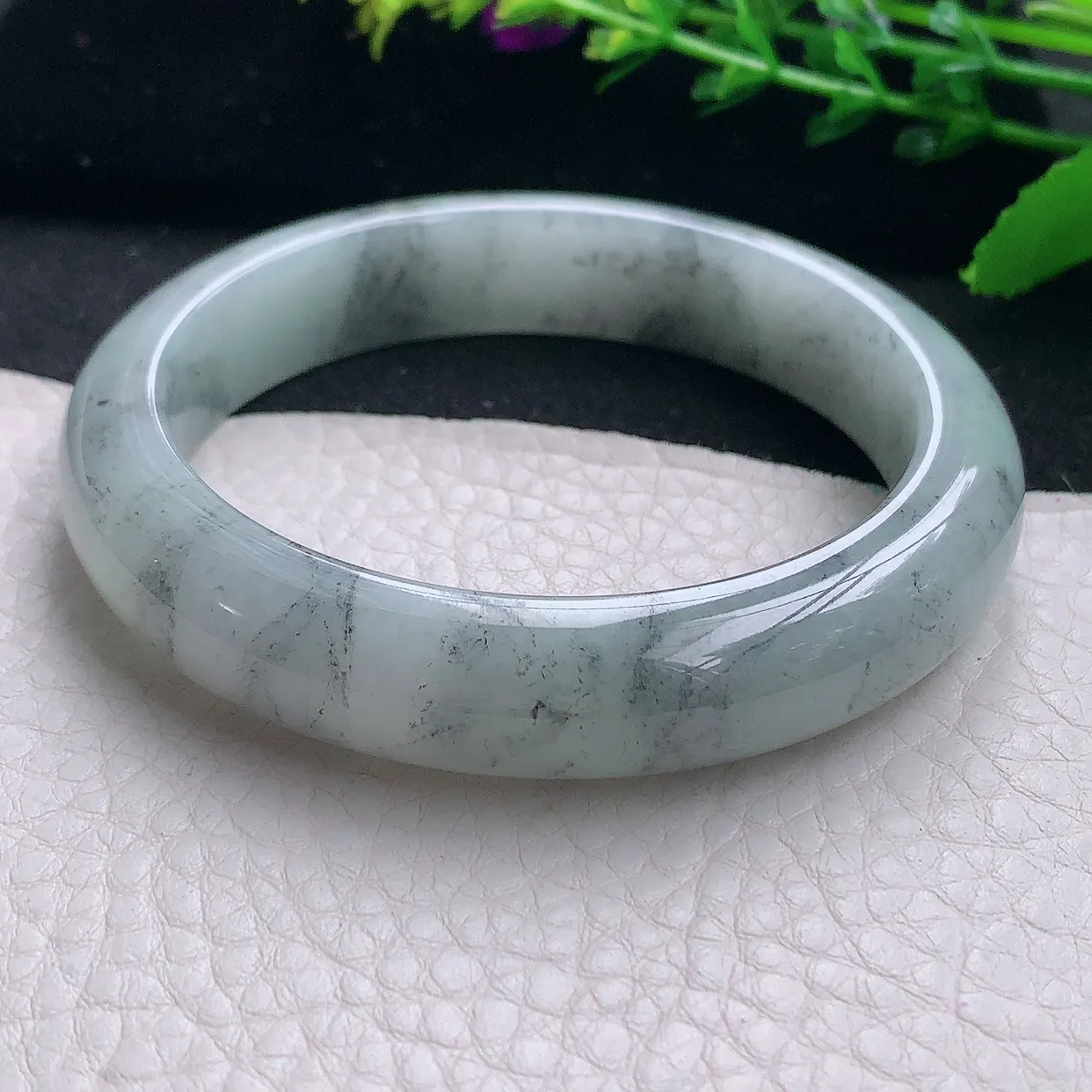 hh自然光57.5*12.5*8.5平安镯 天然缅甸翡翠a 货冰润灵动水墨画般宽边玉镯子