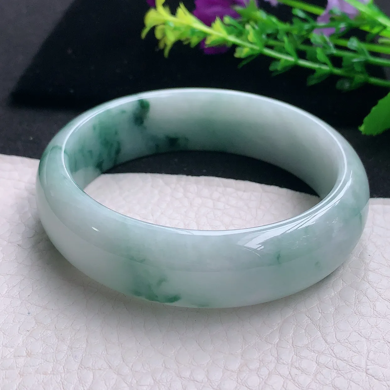 hh大圈口60.5*18*8.2轮胎镯 天然缅甸翡翠a 货飘花大气宽边玉镯子