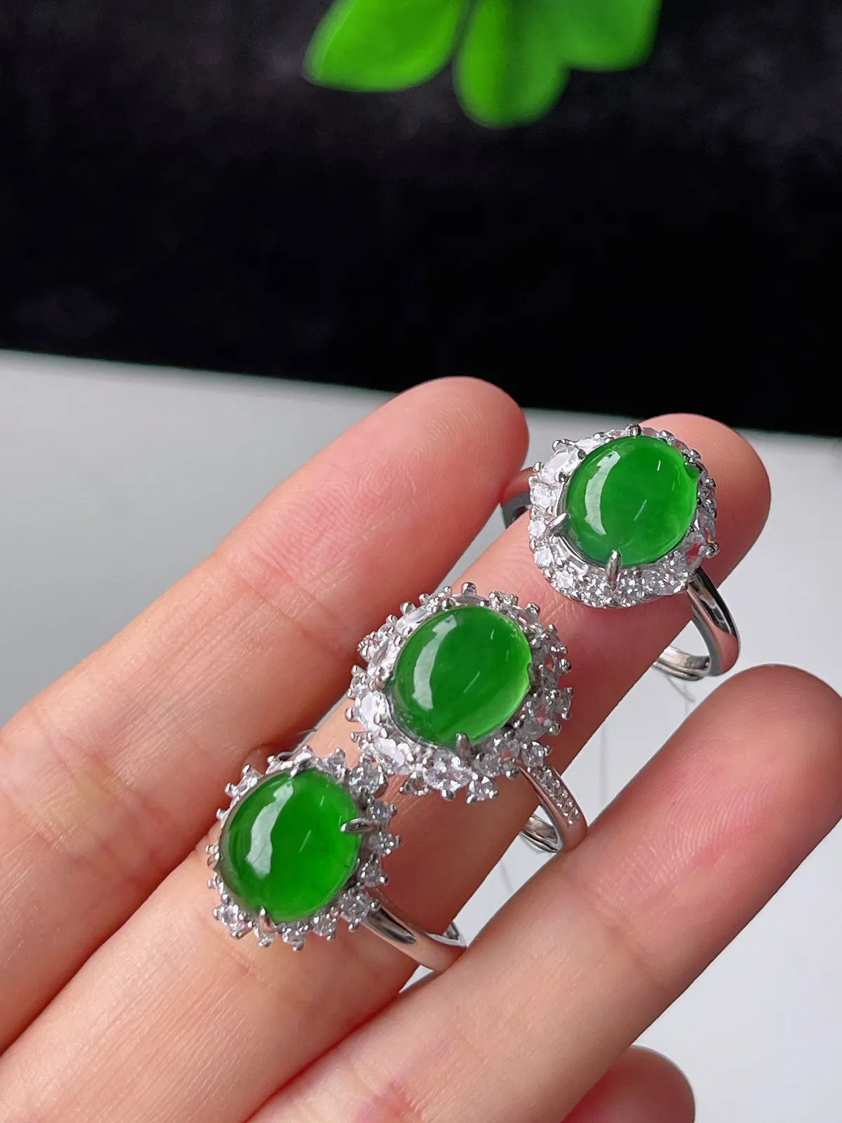 天然满绿翡翠蛋面戒指S925银（取一）