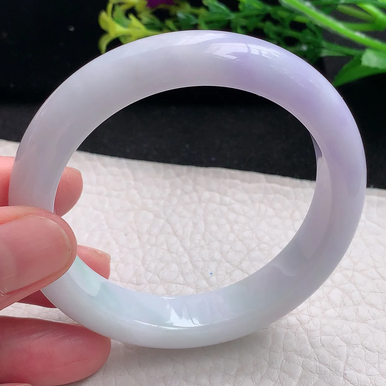 z自然光55.5*12.5*8.5平安镯 天然缅甸翡翠a 货春带彩边玉镯子 玉手环