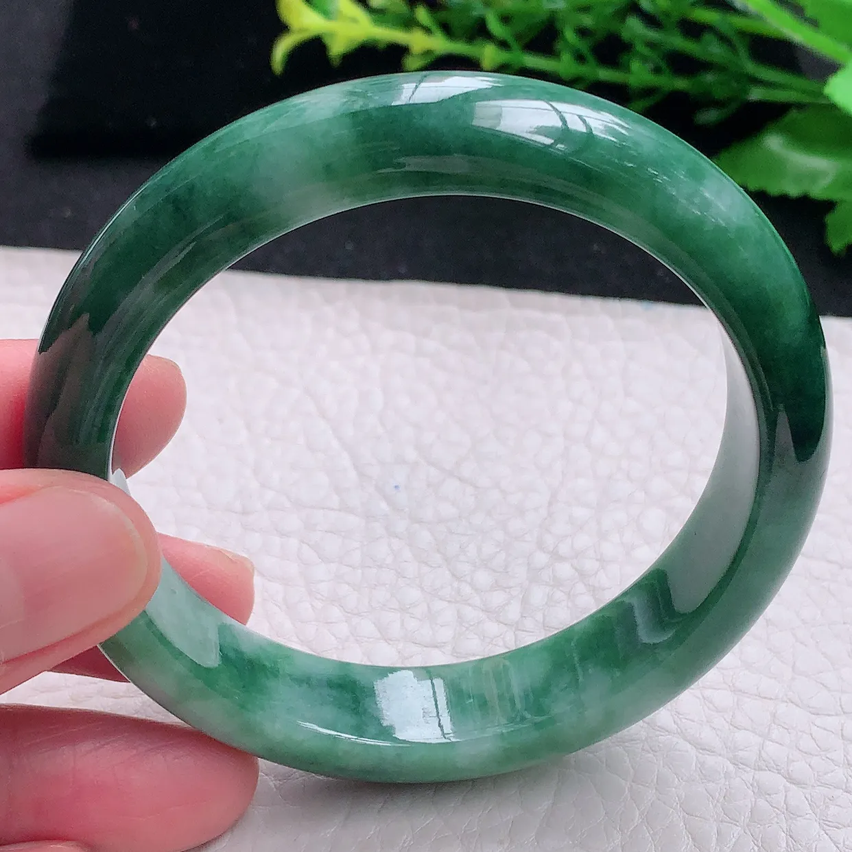 pj自然光57*12.5*8平安镯 天然缅甸翡翠a 货蓝花宽边玉镯子 玉手环