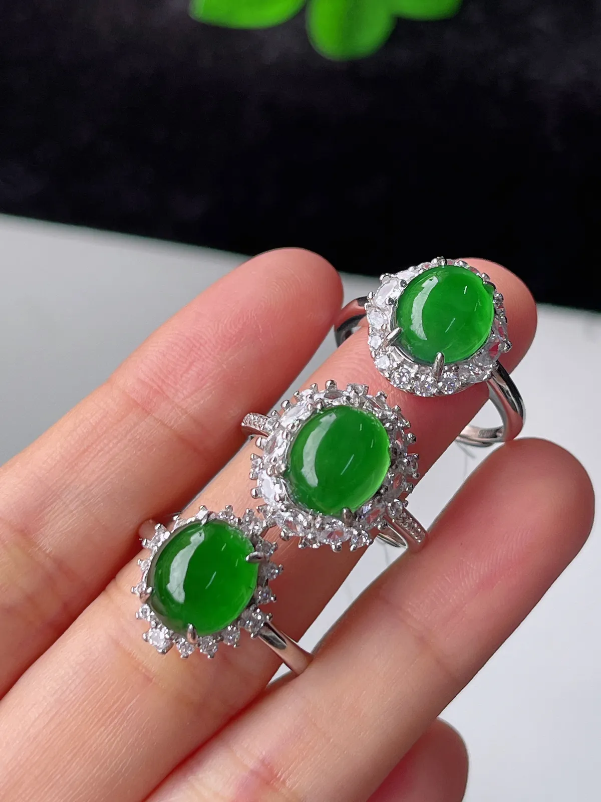 天然满绿翡翠蛋面戒指S925银（取一）