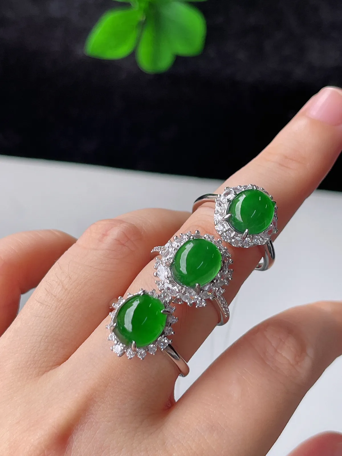 天然满绿翡翠蛋面戒指S925银（取一）