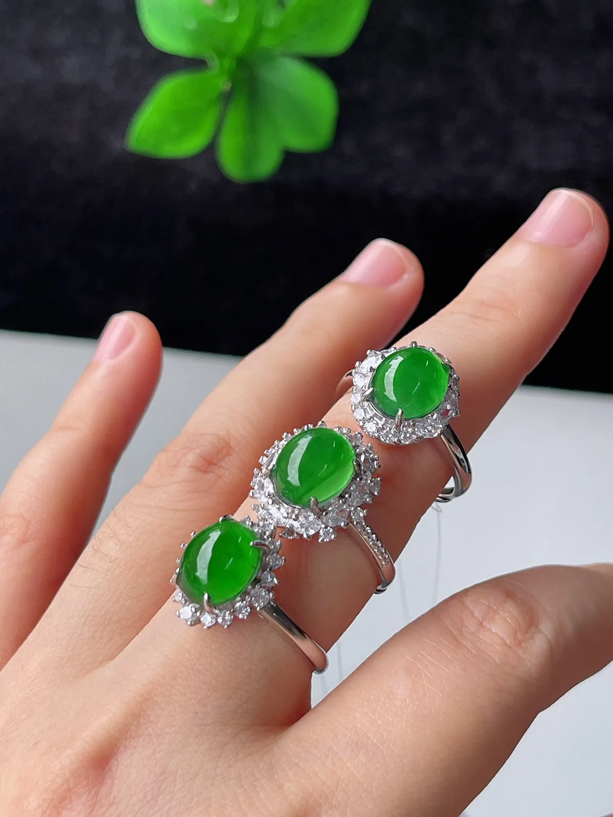 天然满绿翡翠蛋面戒指S925银（取一）