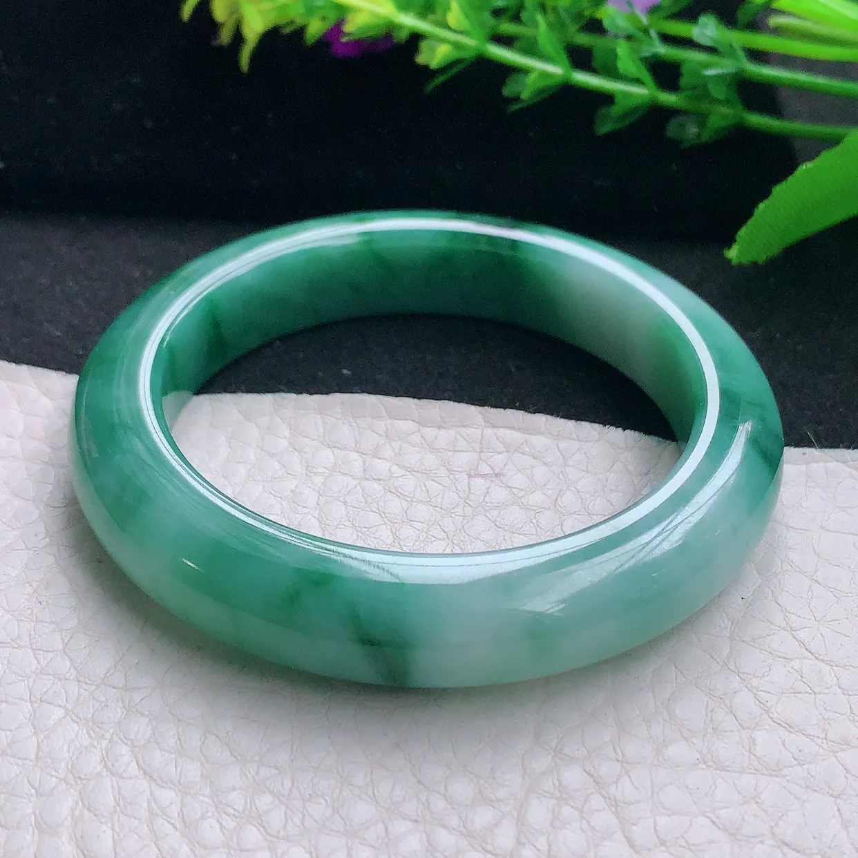 hy小圈口51.5*11*9.2平安镯 天然缅甸翡翠a货独特蓝花宽边玉镯子